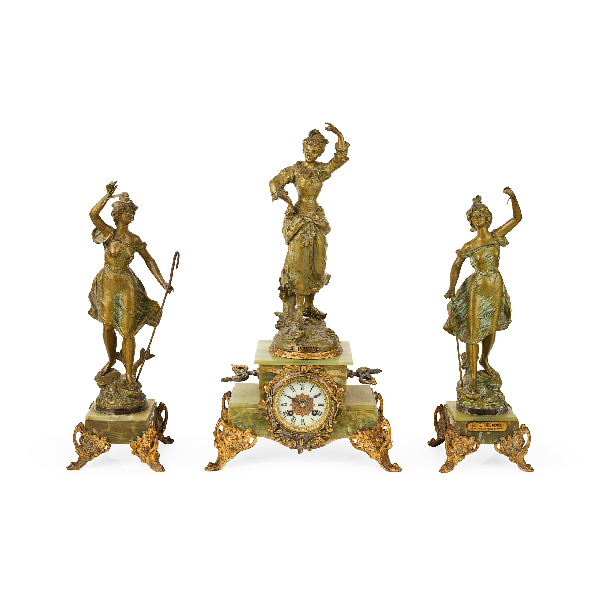 FRENCH ART NOUVEAU GREEN ONYX AND PATINATED METAL FIGURAL CLOCK GARNITURE