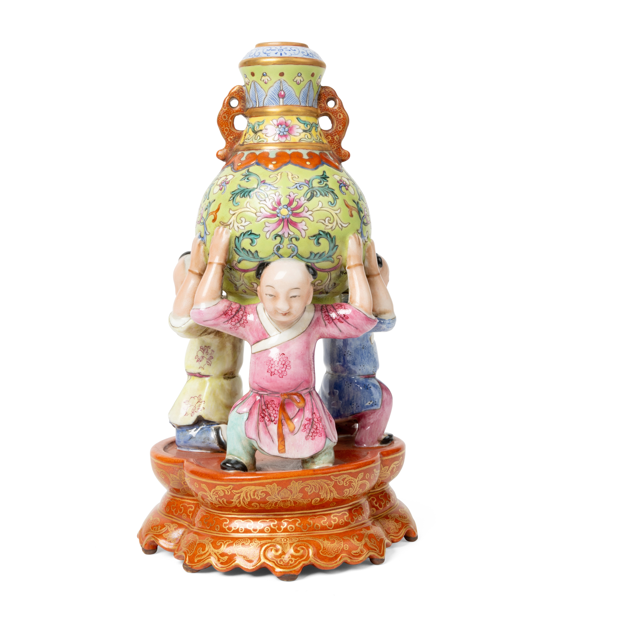CHINESE FAMILLE ROSE 'BOYS CARRYING VASE' VASE