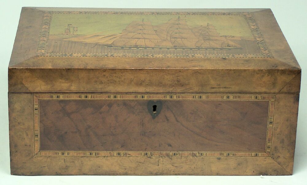 A late Victorian burr walnut and mahogany sewing box Of Maritime interest