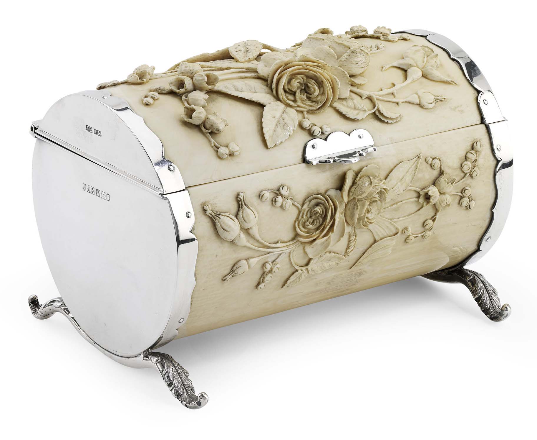 An Edwardian silver mounted carved ivory casket and cover