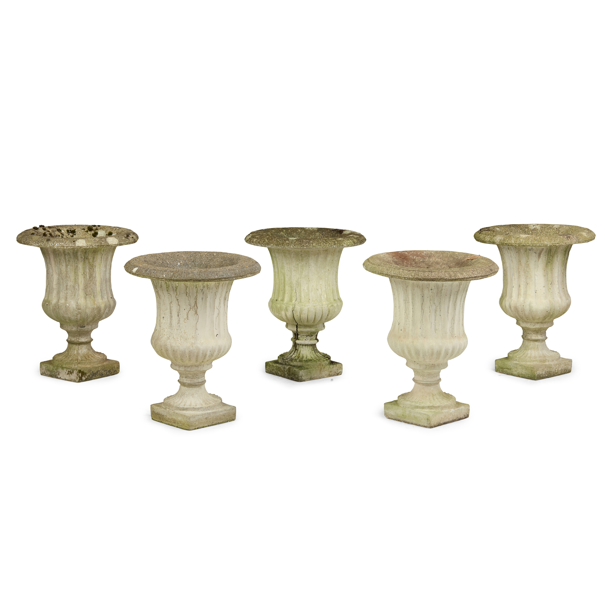 SET OF FIVE OF COMPOSITION STONE GARDEN URNS