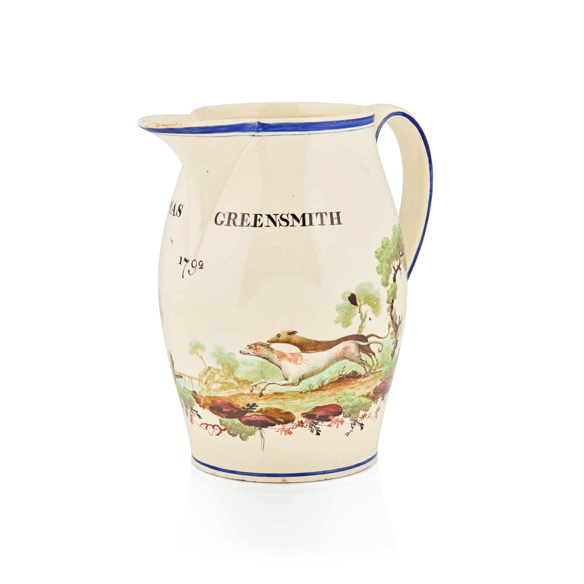 ENGLISH CREAMWARE NAMED AND DATED JUG OF DOG INTEREST