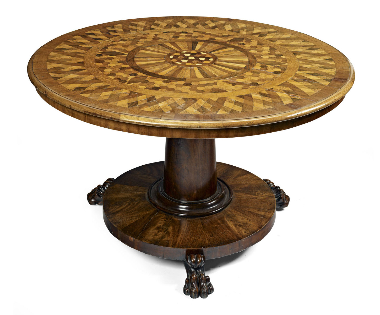 GOOD GEORGE IV SPECIMEN WOOD AND MAHOGANY BREAKFAST TABLE