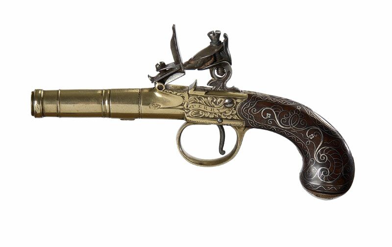A fine 18th century paktong flintlock, box lock, turn off cannon barrel pocket pistol