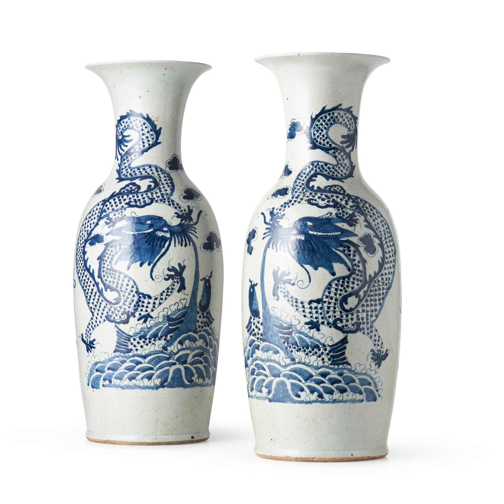 LARGE PAIR OF CELADON-GROUND UNDERGLAZE-BLUE-DECORATED 'CARP AND DRAGON' VASES
