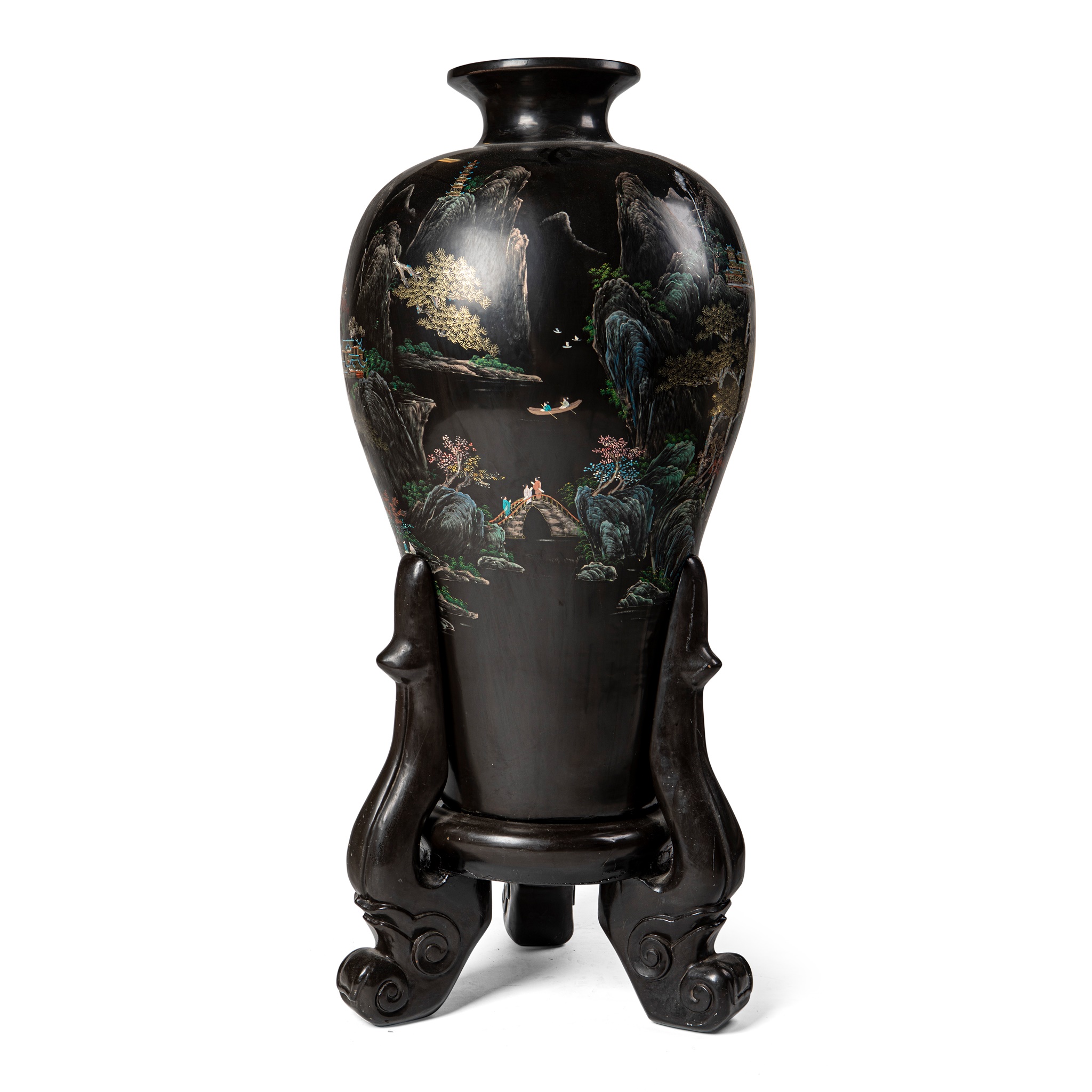 LARGE LACQUER WOODEN 'LANDSCAPE' VASE