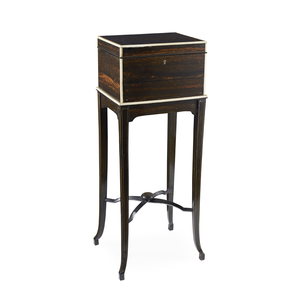 VICTORIAN COROMANDEL AND IVORY DRESSING BOX ON STAND