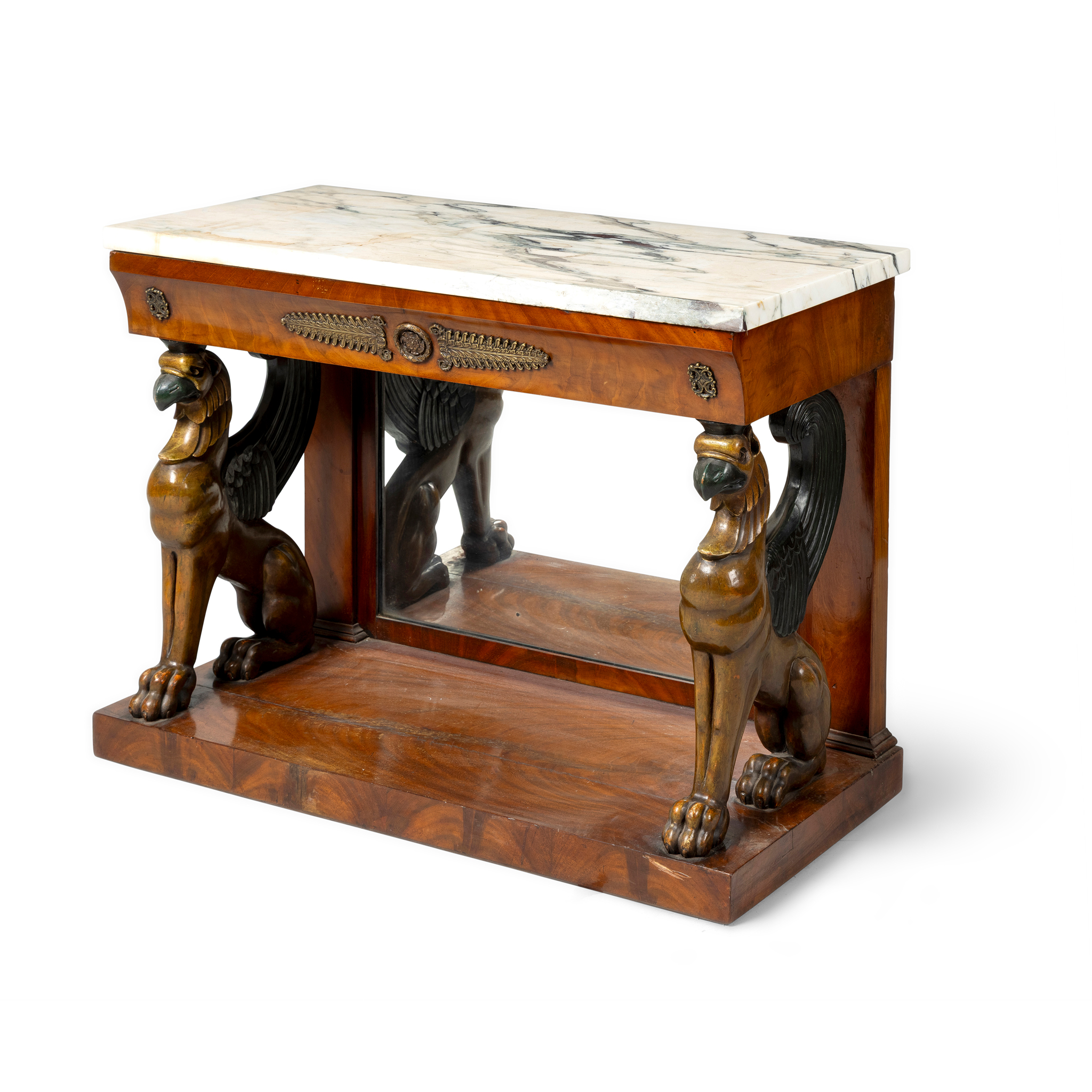 A MAHOGANY AND MARBLE TOPPED CONSOLE TABLE