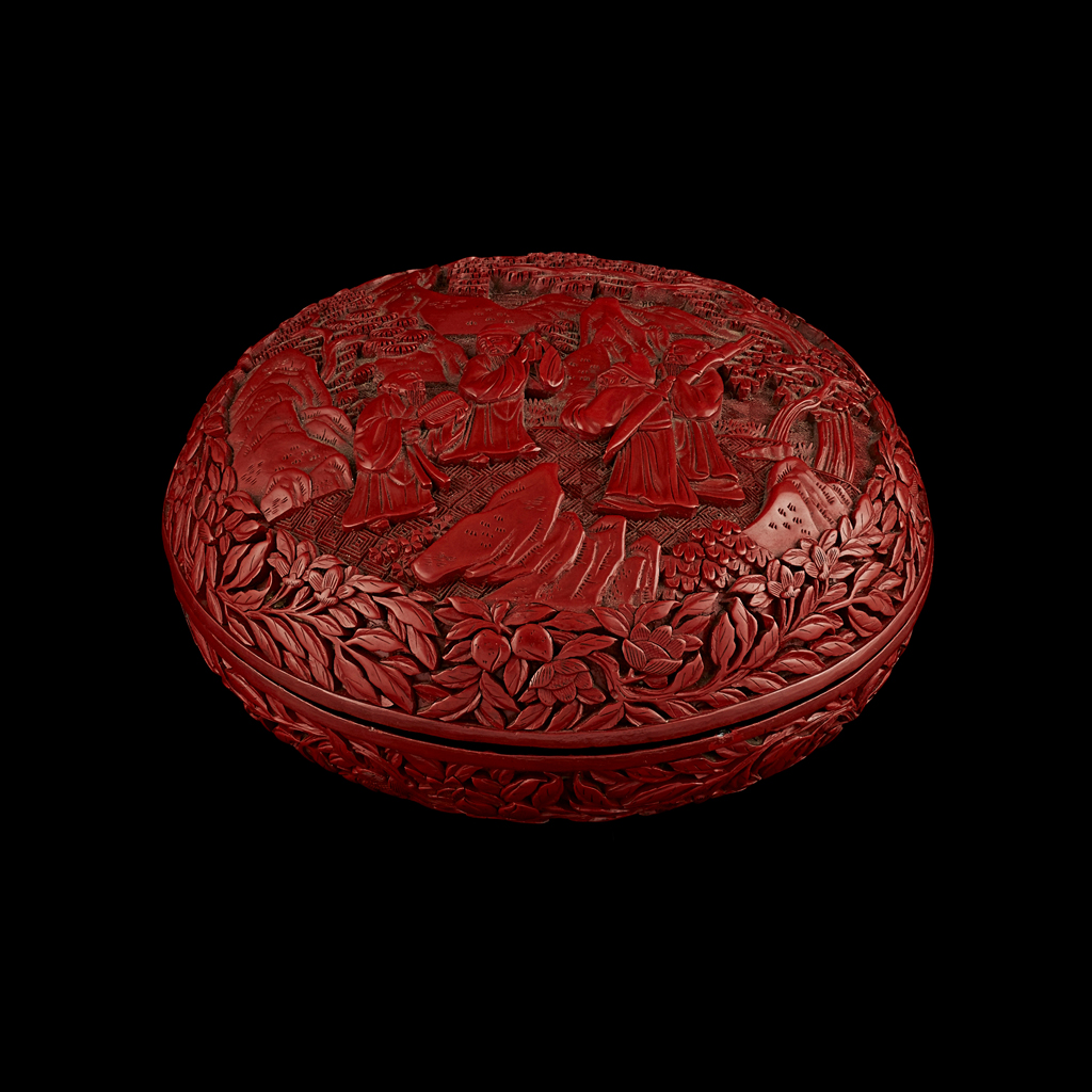 CINNABAR LACQUER 'EIGHT IMMORTALS' CIRCULAR BOX AND COVER