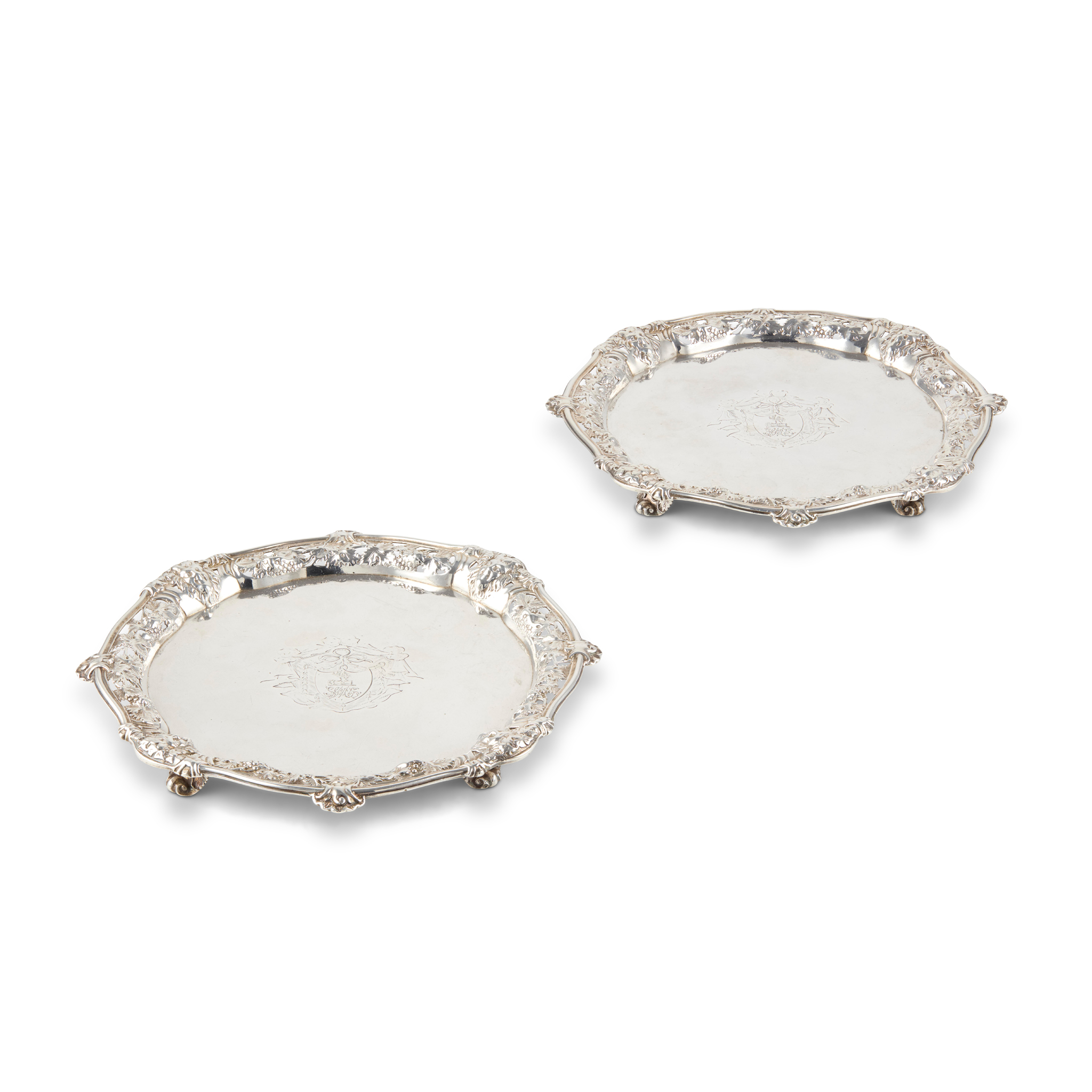 A PAIR OF GEORGE II SALVERS