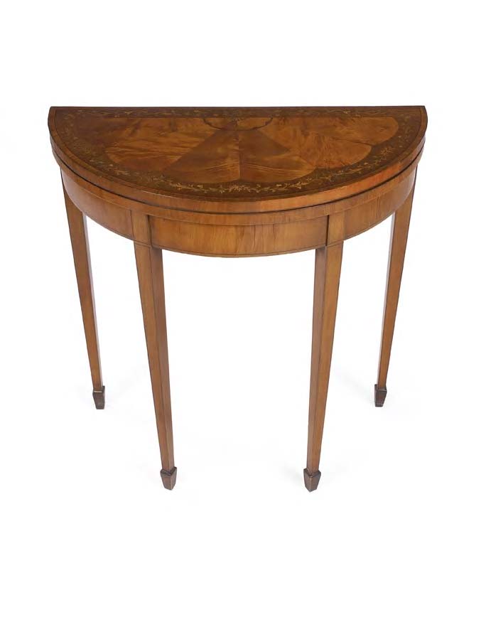 An Edwardian satinwood and inlaid demi-lune foldover card table,