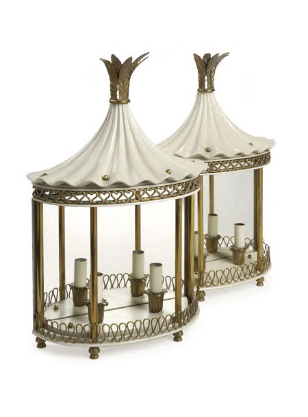 A set of four overpainted and brass mounted corner wall lights,