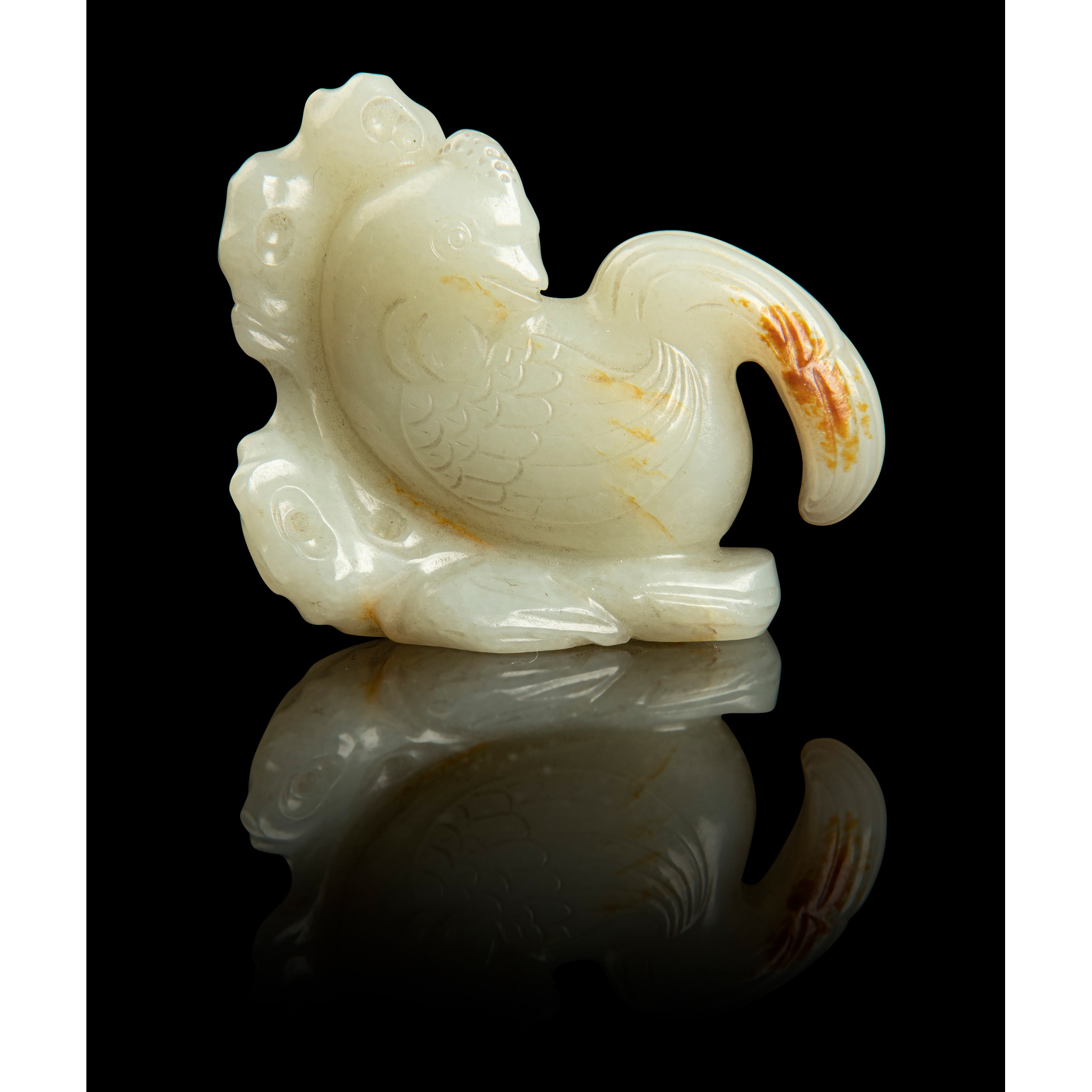 WHITE JADE WITH RUSSET SKIN CARVING OF A ROOSTER