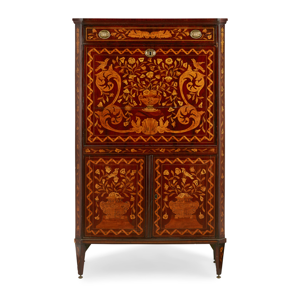 DUTCH WALNUT AND MARQUETRY FALL FRONT SECRETAIRE