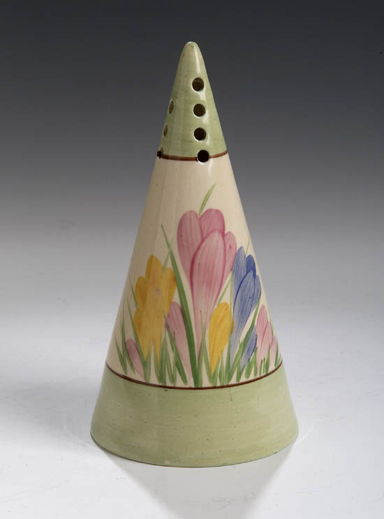 A Clarice Cliff conical sugar sifter