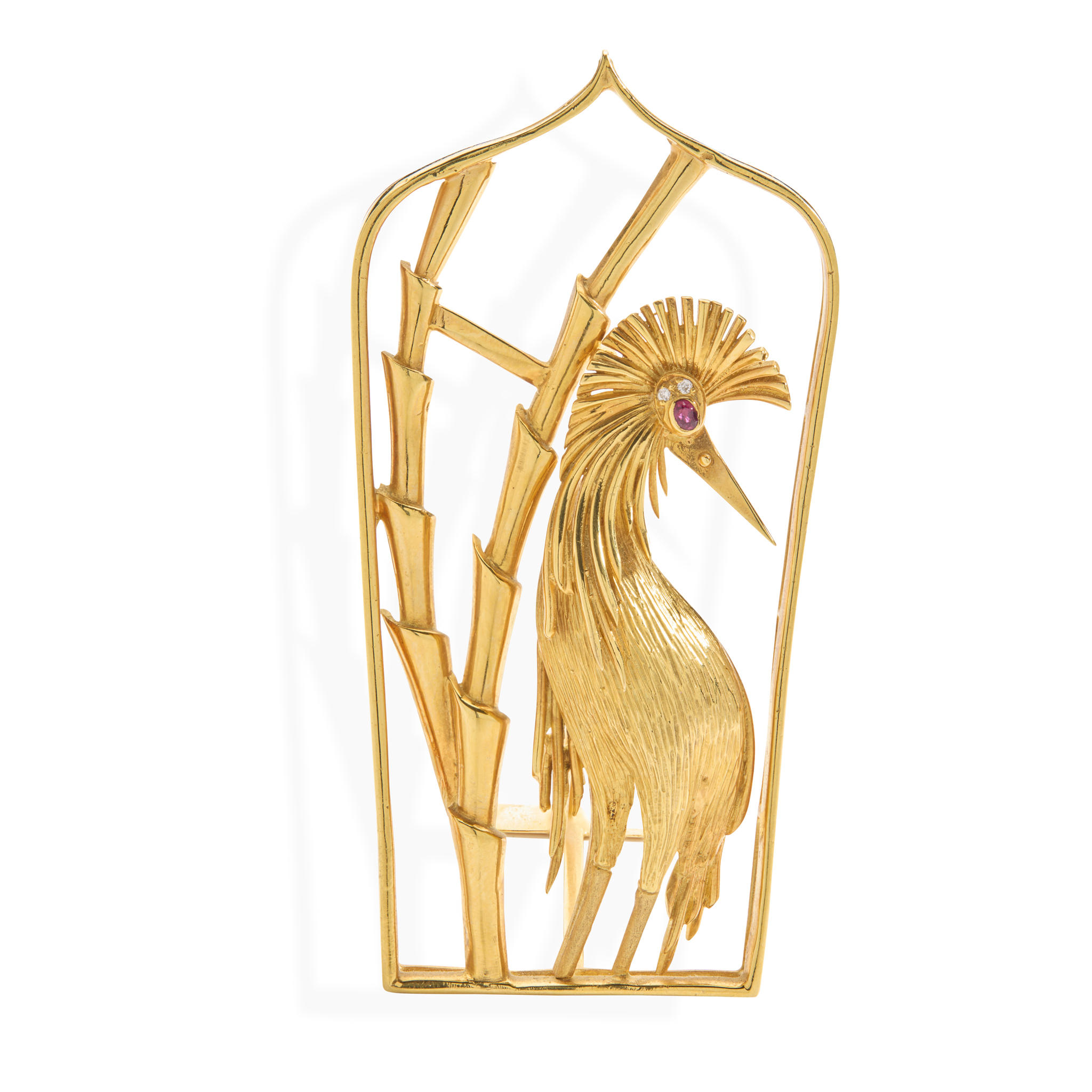 A ruby and diamond model of a bird