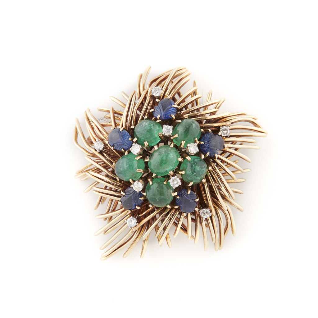 A 1970s emerald, sapphire and diamond set brooch