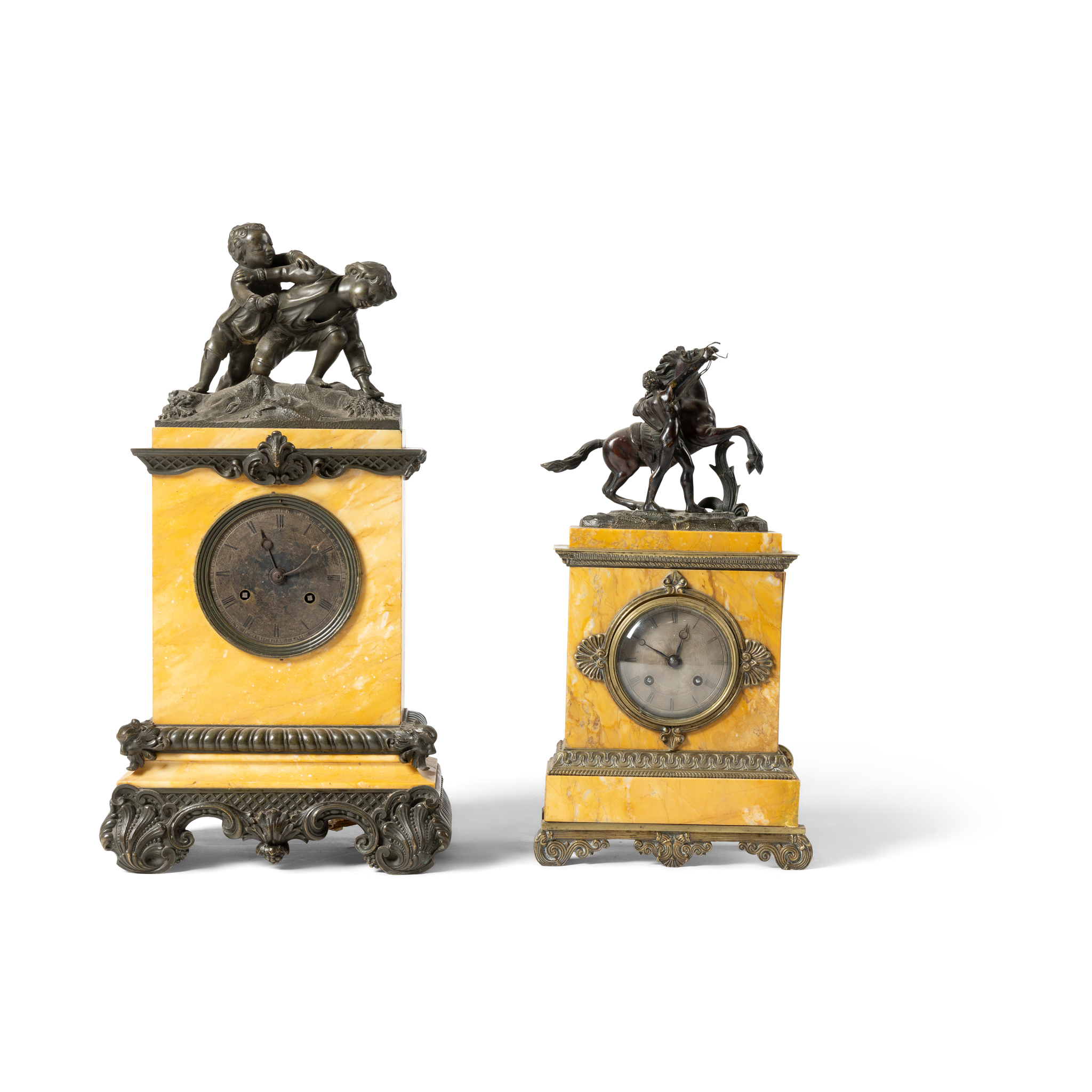 A FRENCH BRONZE AND SIENNA MARBLE MANTEL CLOCK
