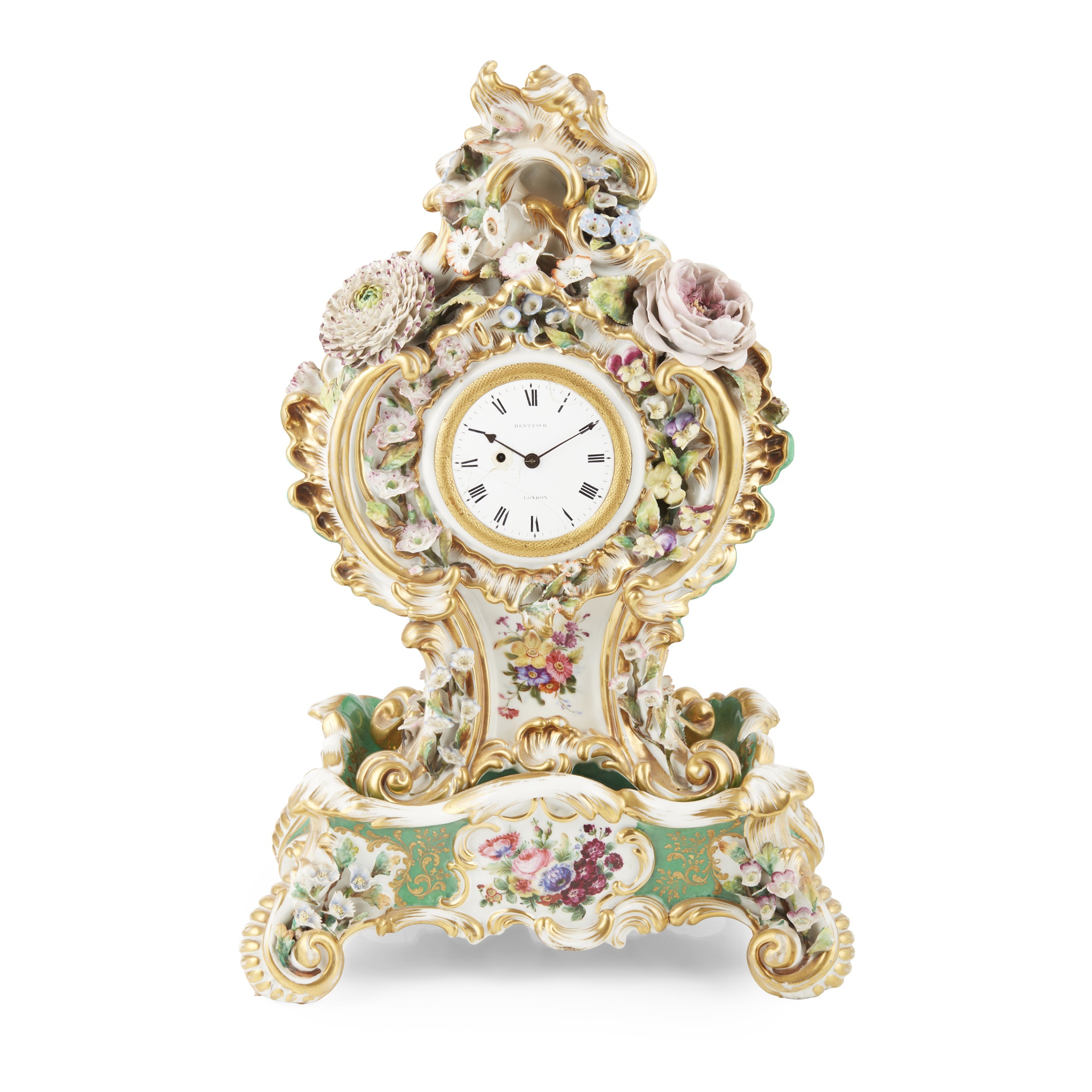 JACOB PETIT PORCELAIN FLOWER ENCRUSTED MANTEL CLOCK AND STAND