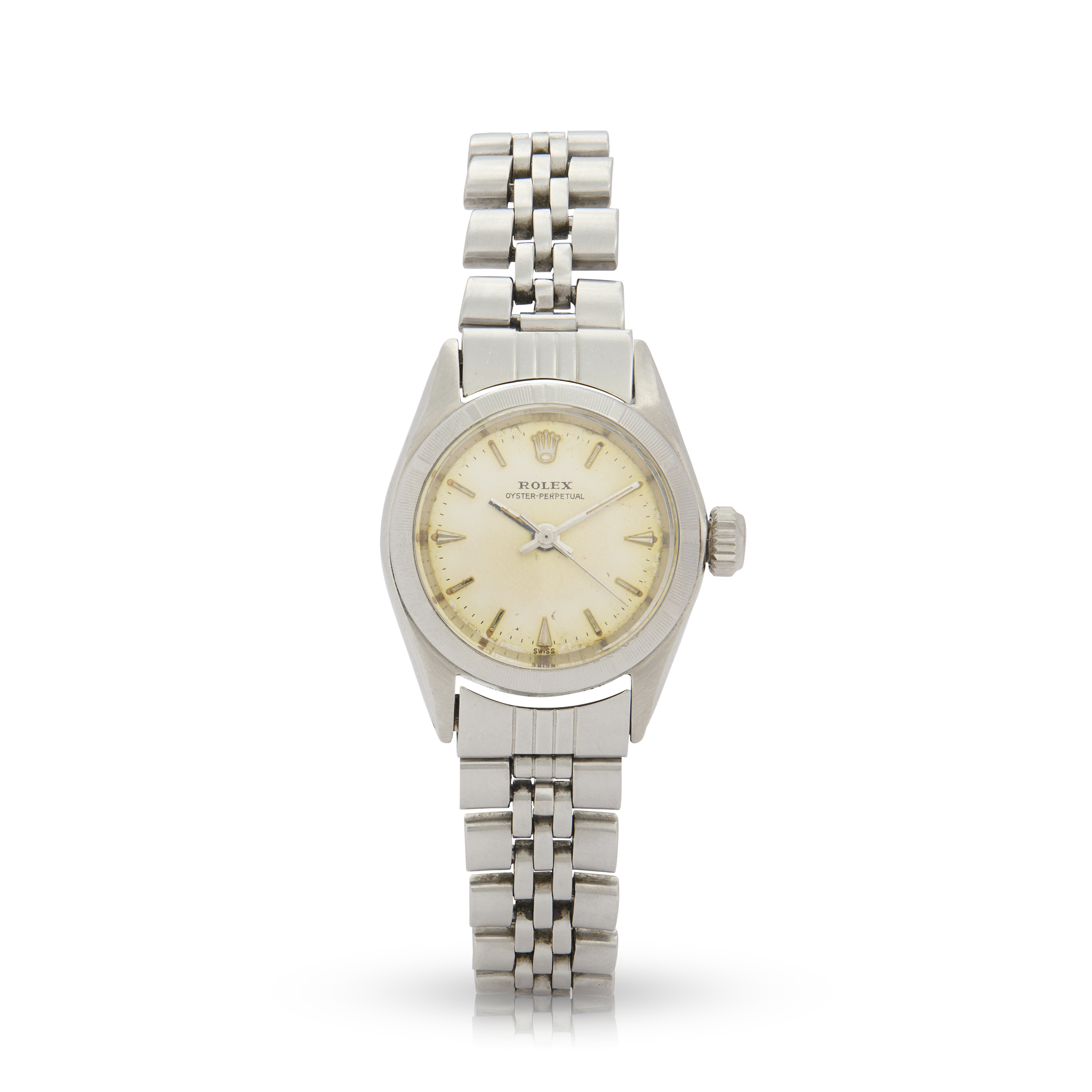 Rolex. A Ladies stainless steel automatic wristwatch with engine-turned bezel
