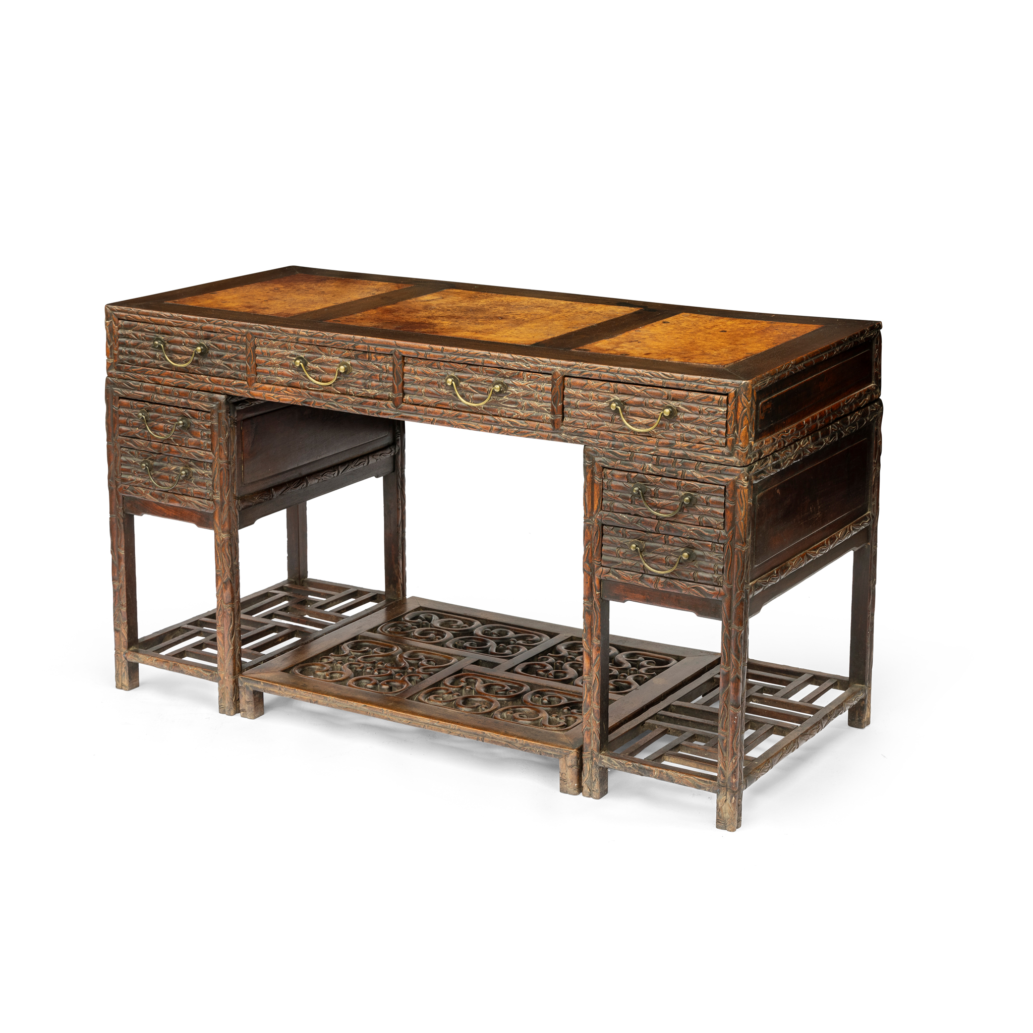 CARVED HONGMU WITH BURLWOOD INSET PEDESTAL DESK