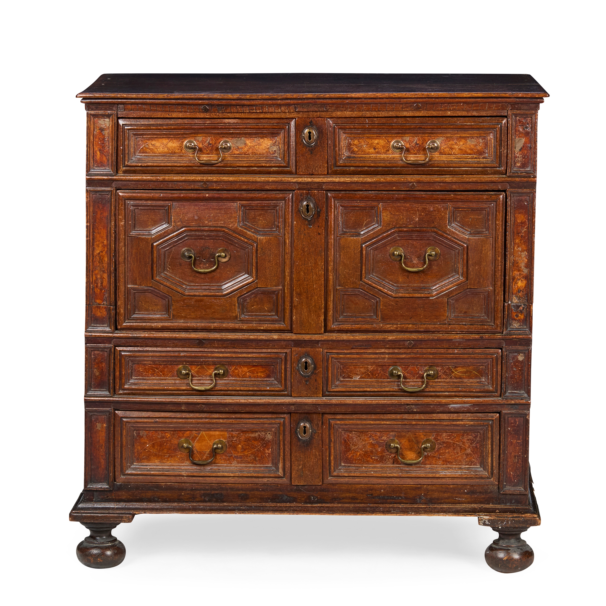 CHARLES II OAK, FRUITWOOD INLAID PANEL CHEST OF DRAWERS