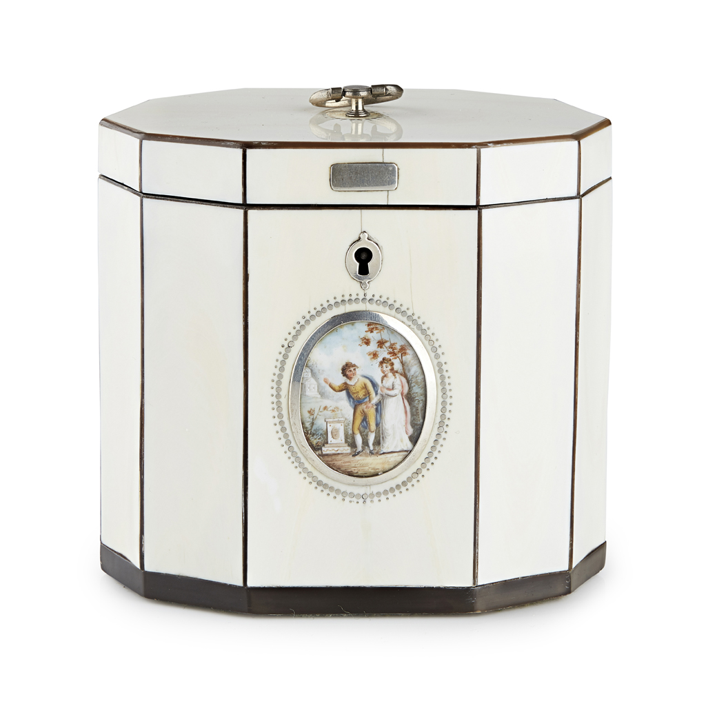 GEORGIAN IVORY AND HORN-BANDED TEA CADDY