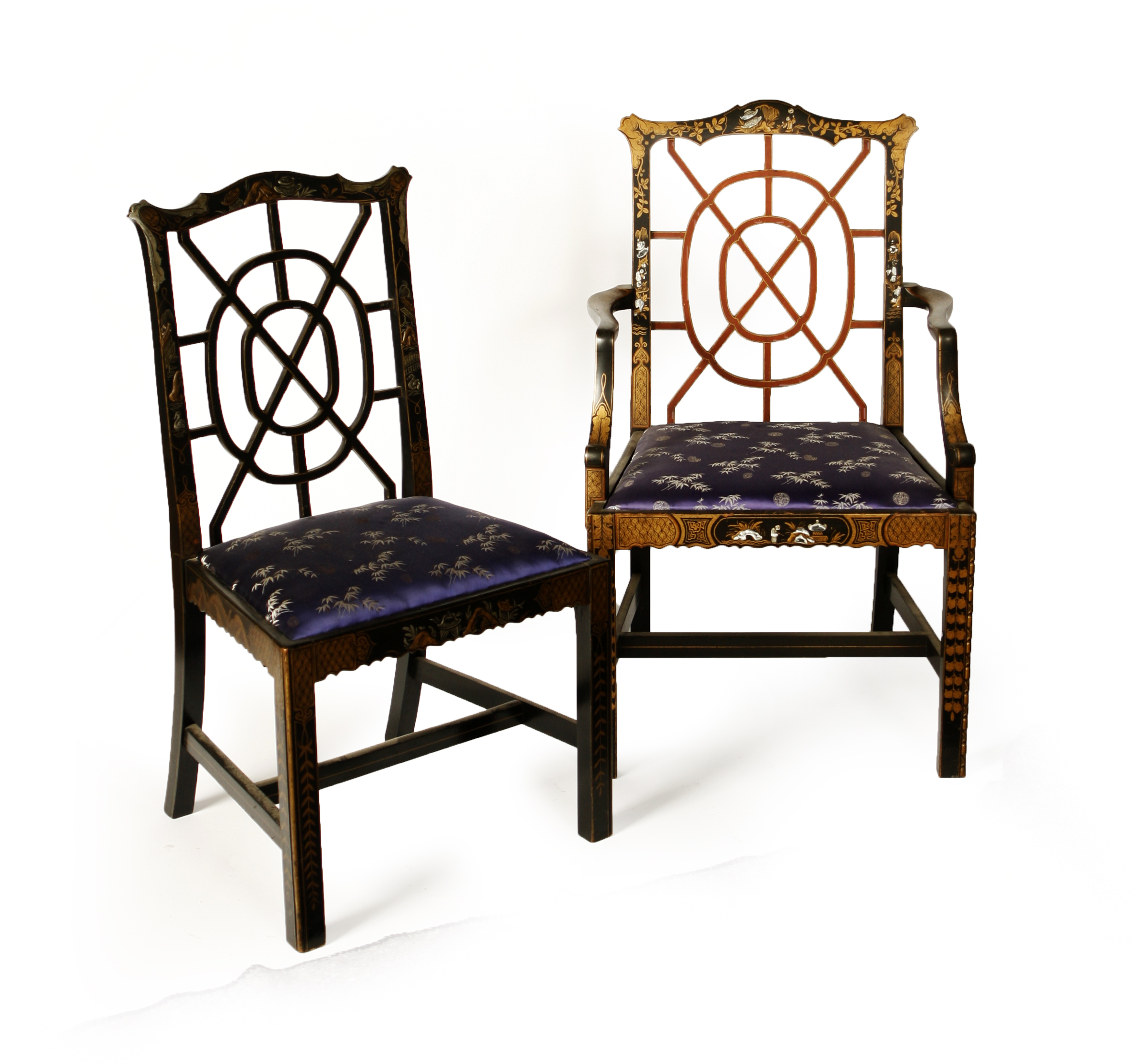 TWO CHINESE CHIPPENDALE STYLE CHINOISERIE CHAIRS