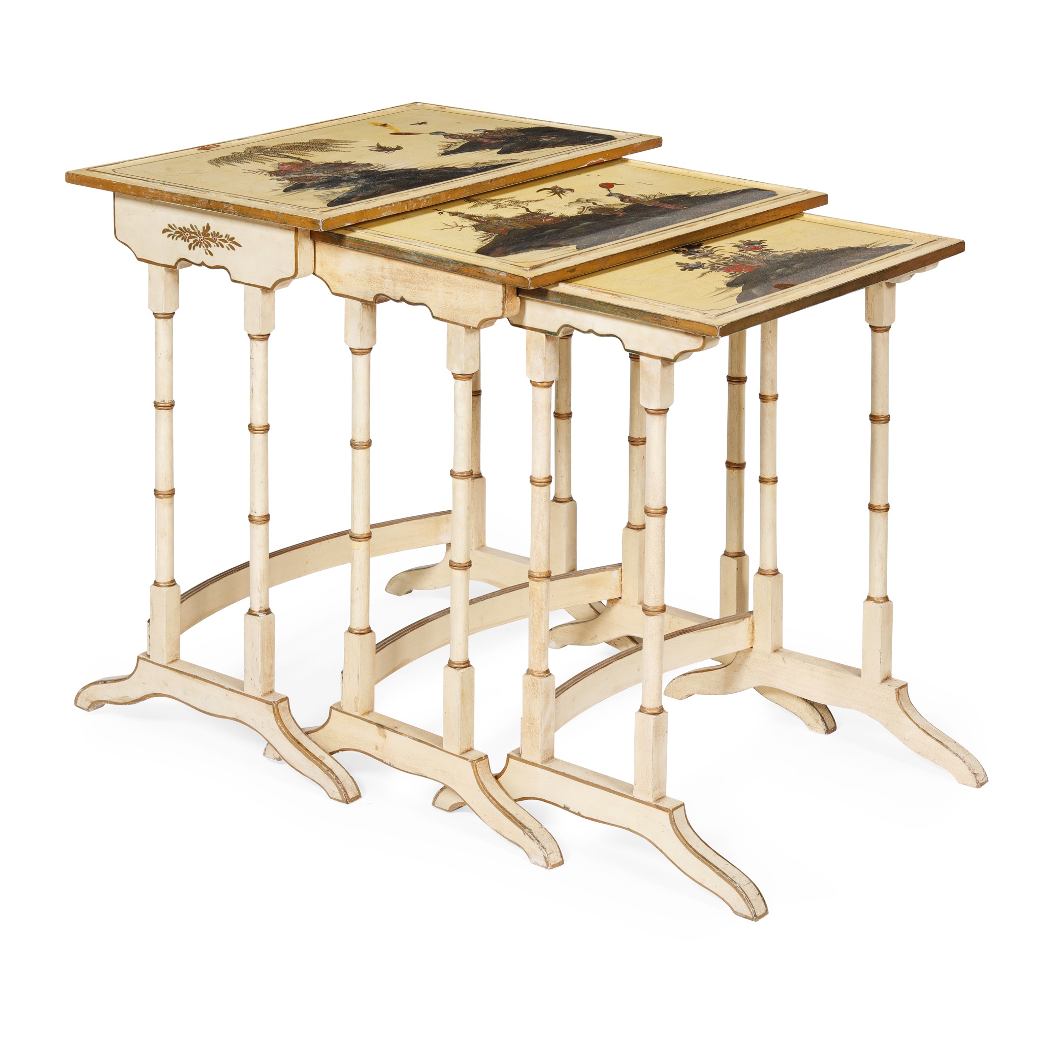 TRIO OF IVORY PAINTED AND JAPANNED WOOD NESTING TABLES