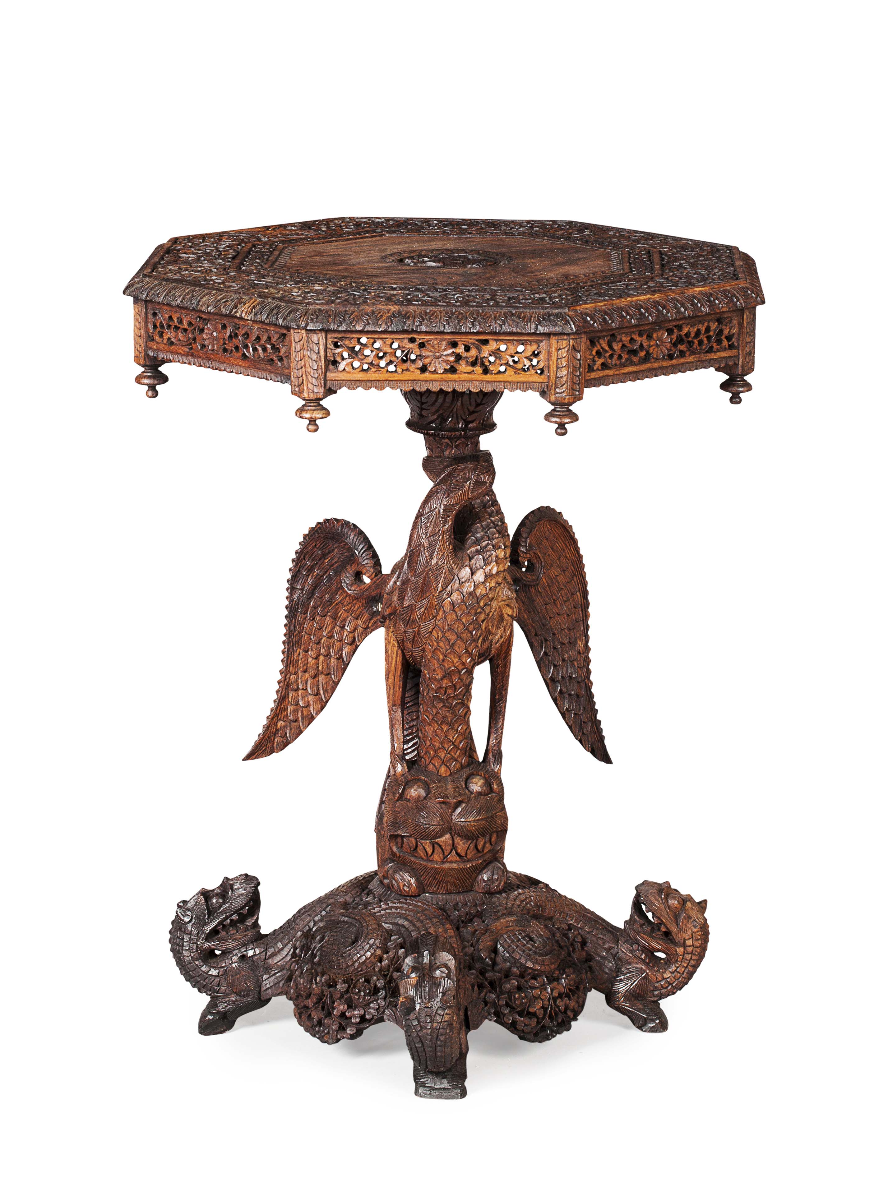 BURMESE CARVED PADOUK PEDESTAL TABLE
