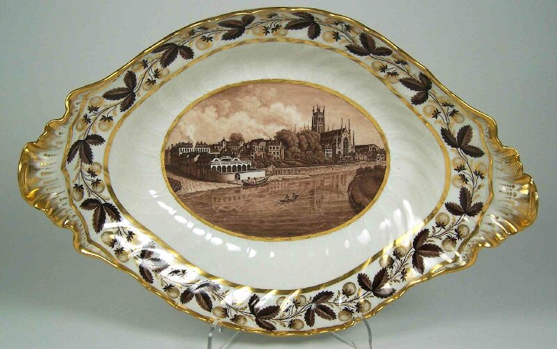 A Flight & Barr twin-handled oval topographical fruit dish depicting Flight & Barr's Royal China Manufactory, Worcester, circa 1795