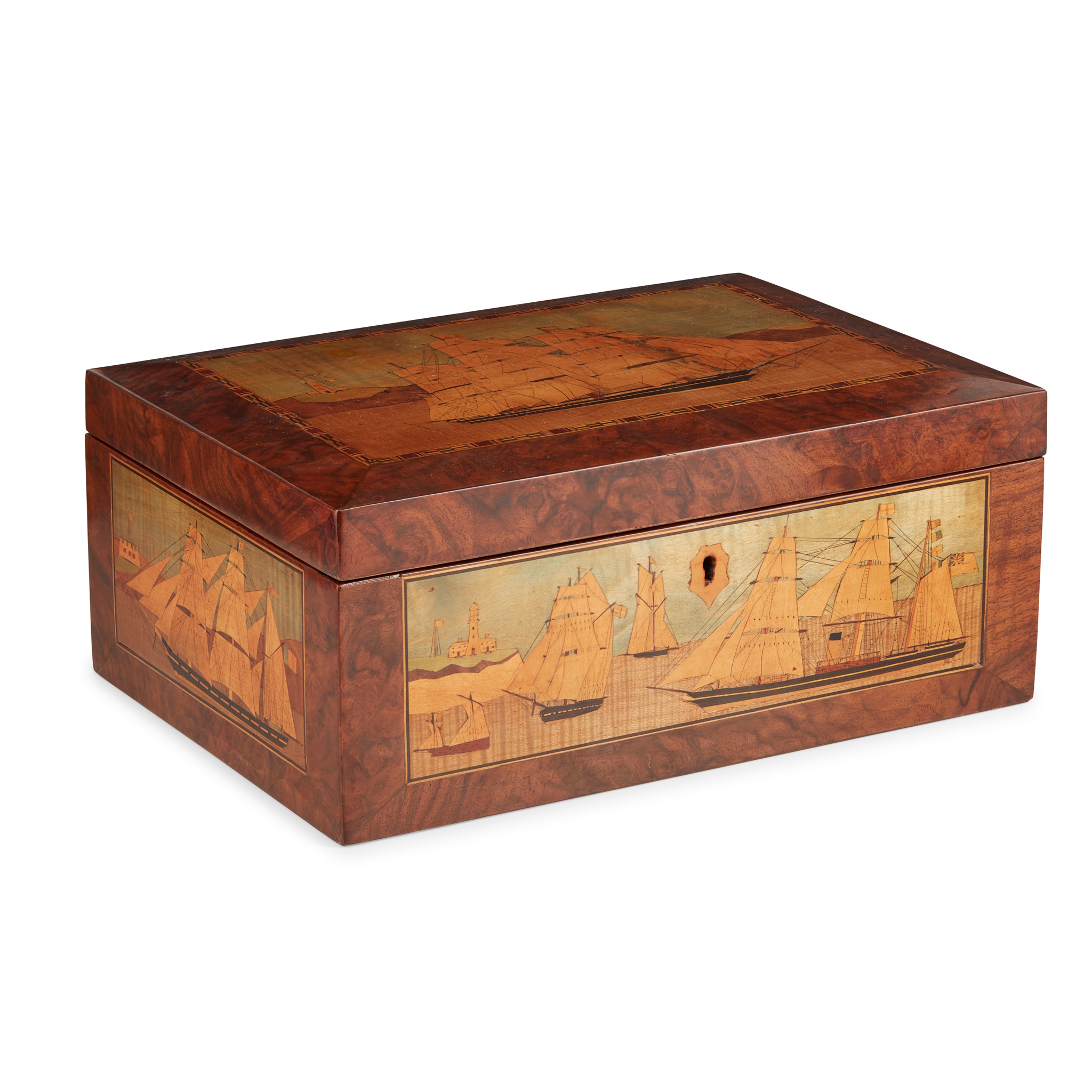 TRINITY HOUSE WALNUT AND MARQUETRY WORK BOX
