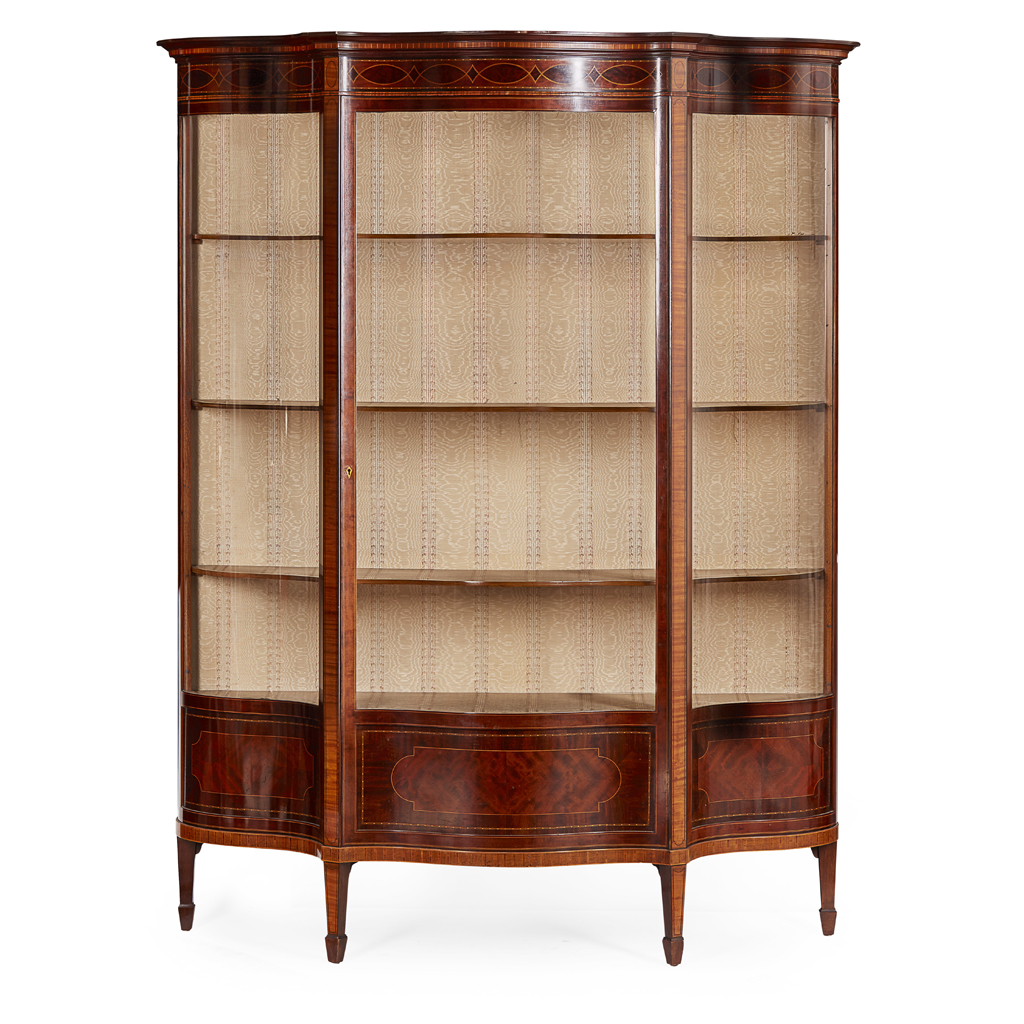 EDWARDIAN MAHOGANY, SATINWOOD AND INLAY SERPENTINE DISPLAY CABINET
