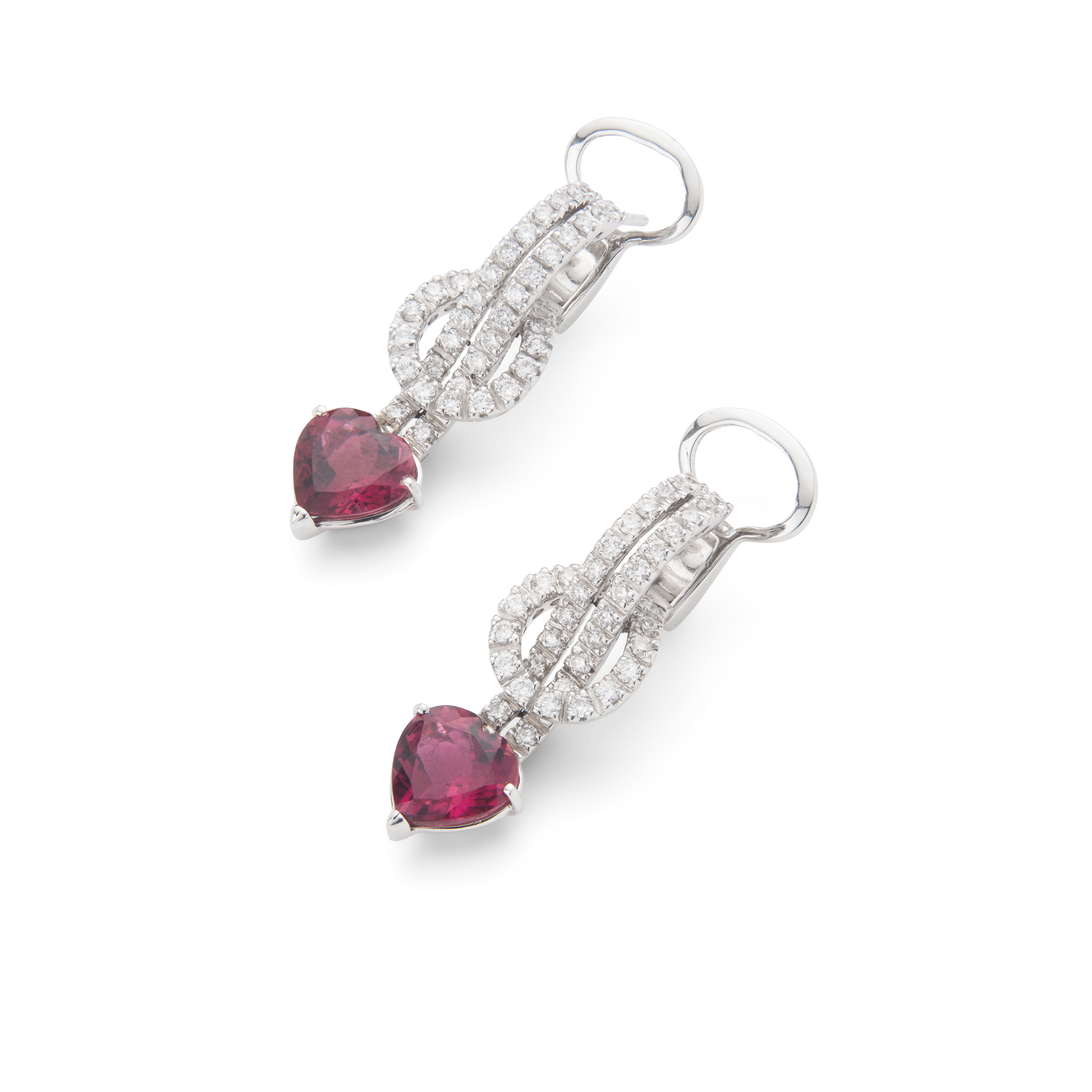 A pair of pink tourmaline and diamond pendent earrings