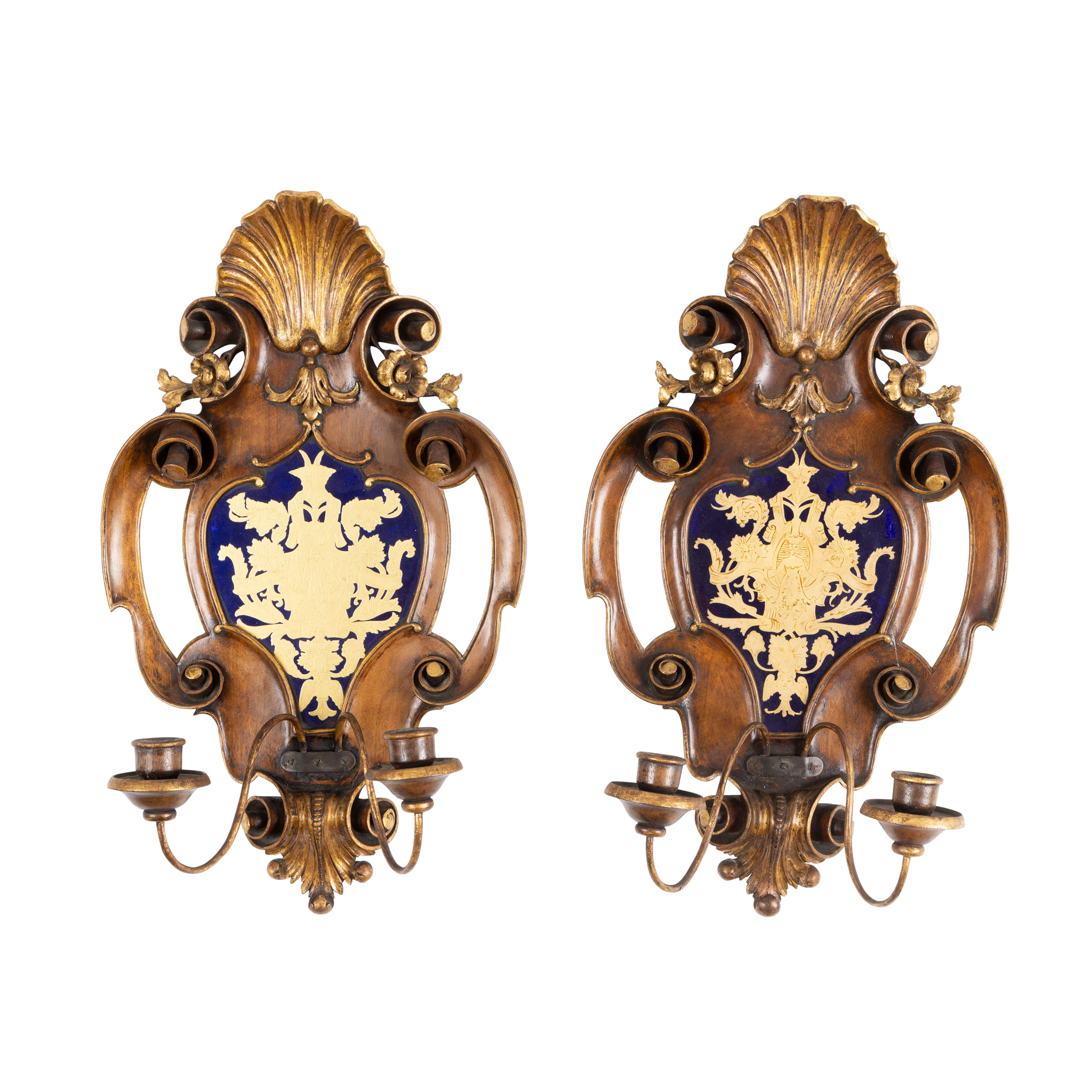 A PAIR OF ITALIAN WALNUT AND GILTWOOD GIRANDOLES