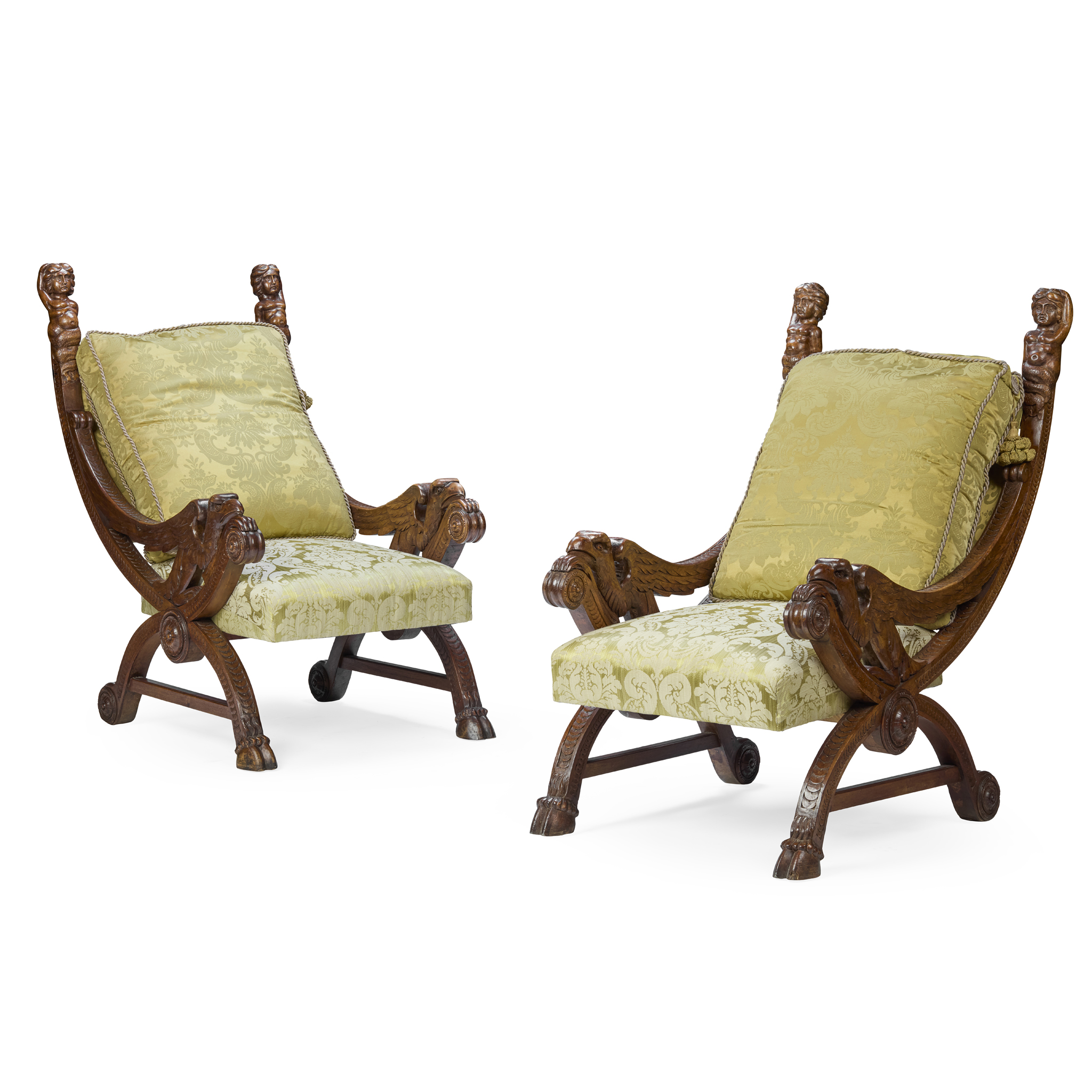PAIR OF ITALIAN CARVED WALNUT X-FRAME ARMCHAIRS
