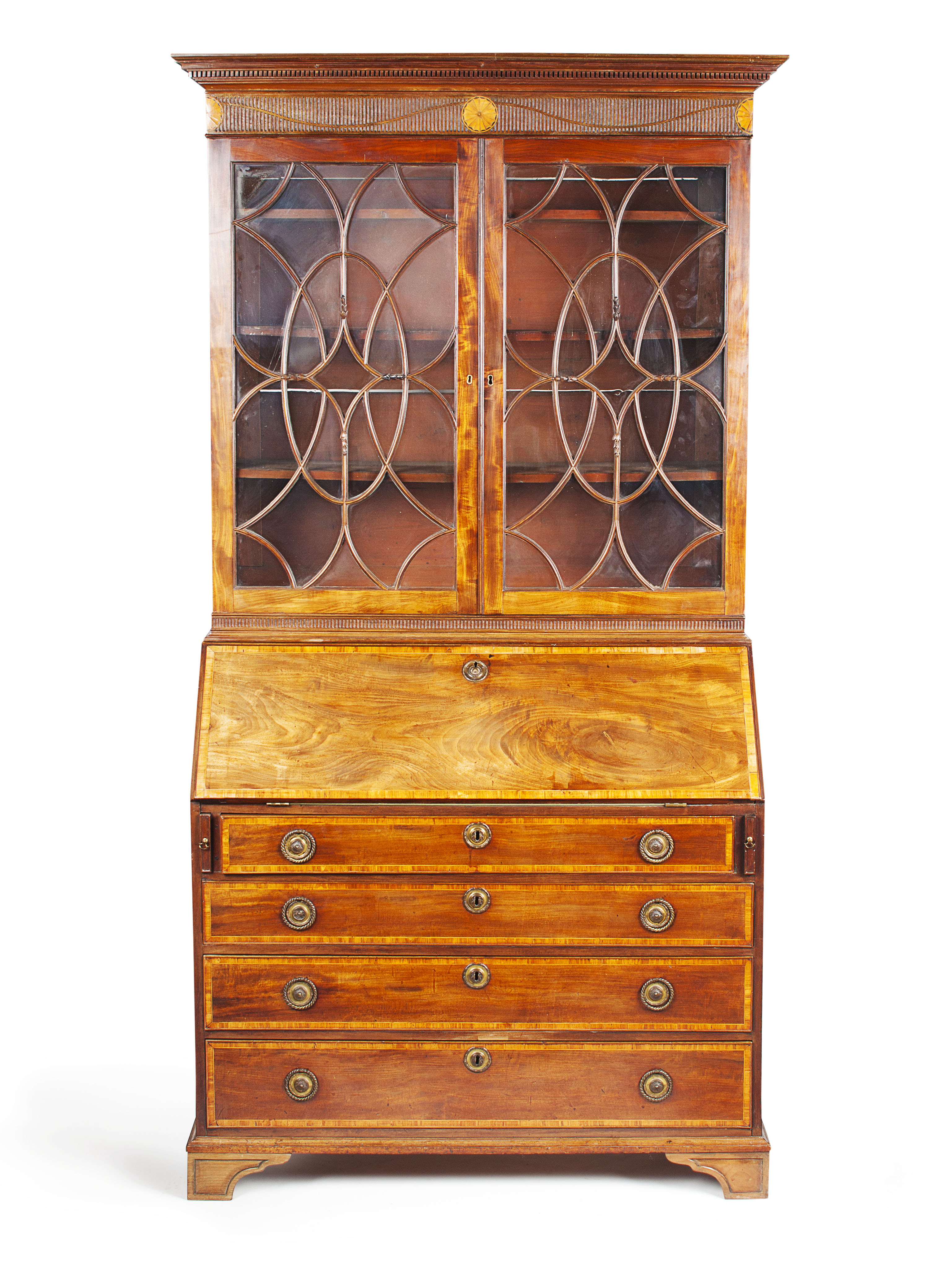 LATE GEORGE III MAHOGANY AND SATINWOOD BUREAU BOOKCASE