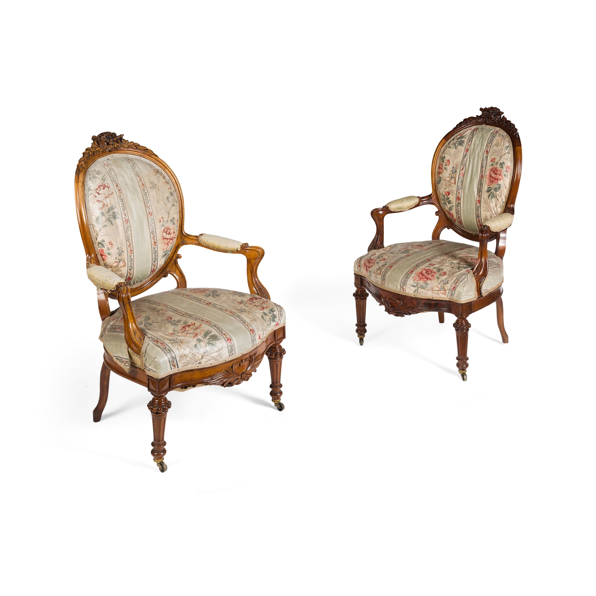 PAIR OF VICTORIAN CARVED WALNUT ARMCHAIRS