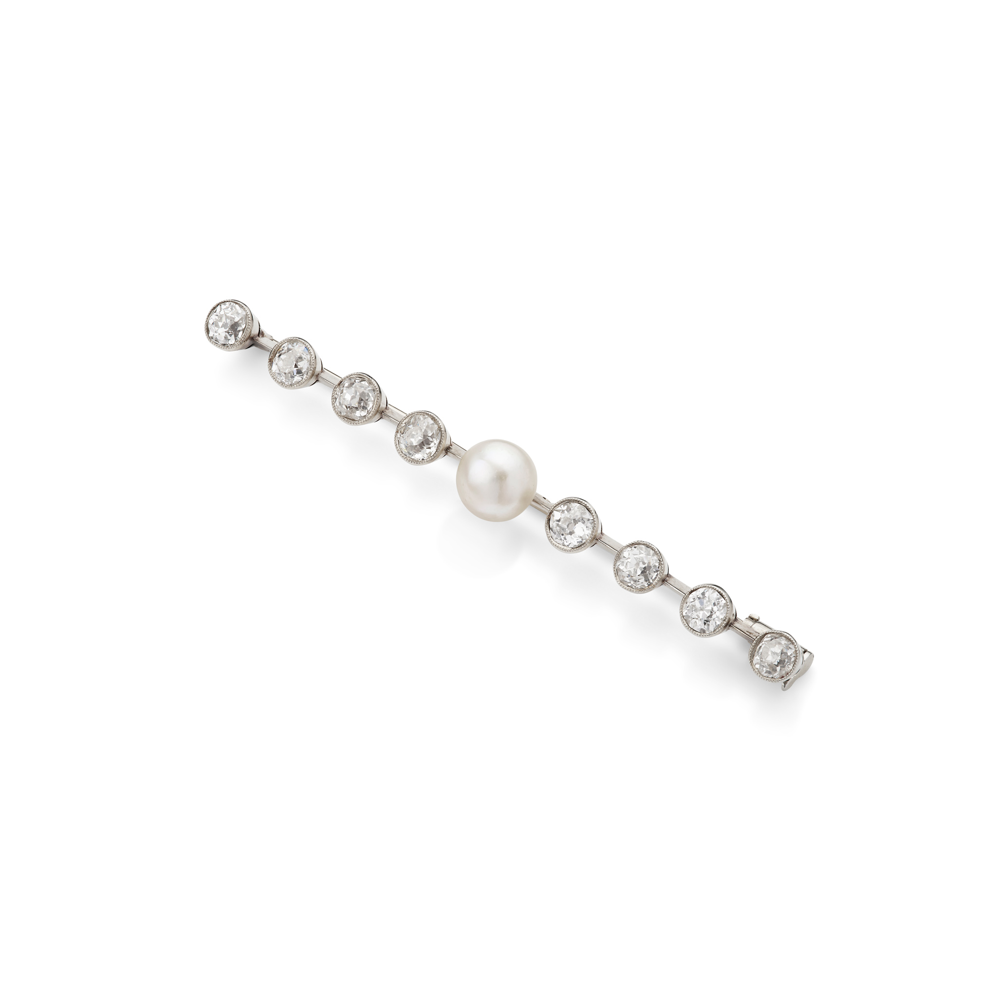 A pearl and diamond bar brooch, circa 1905