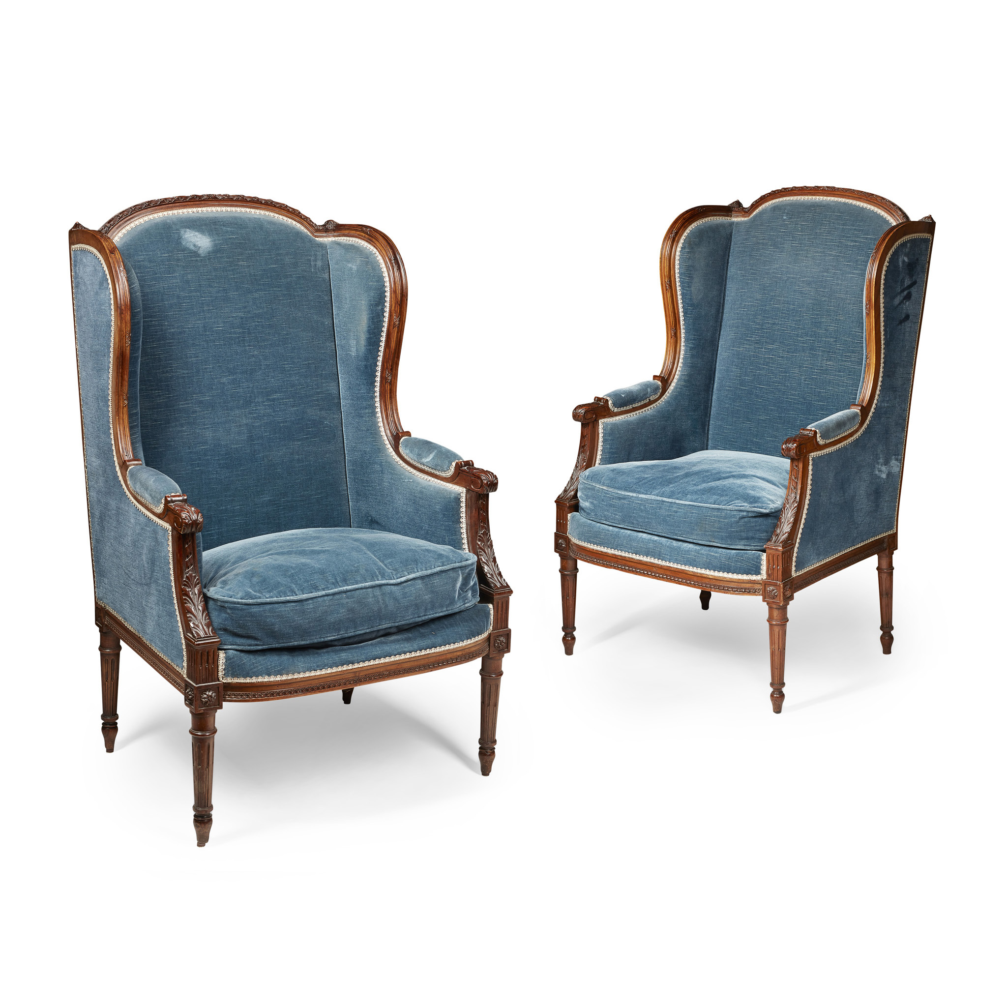 PAIR OF LOUIS XVI STYLE MAHOGANY WING ARMCHAIRS