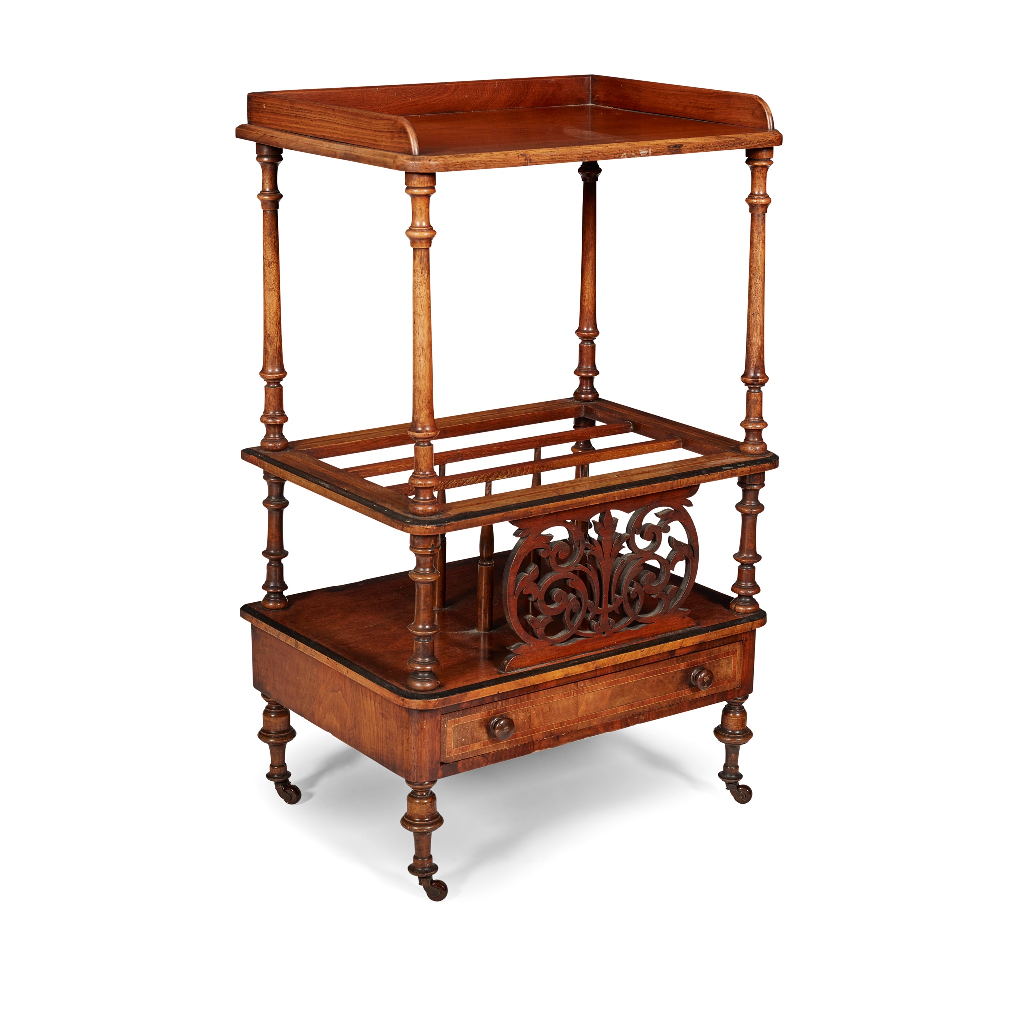 VICTORIAN WALNUT AND EBONISED CANTERBURY WHATNOT