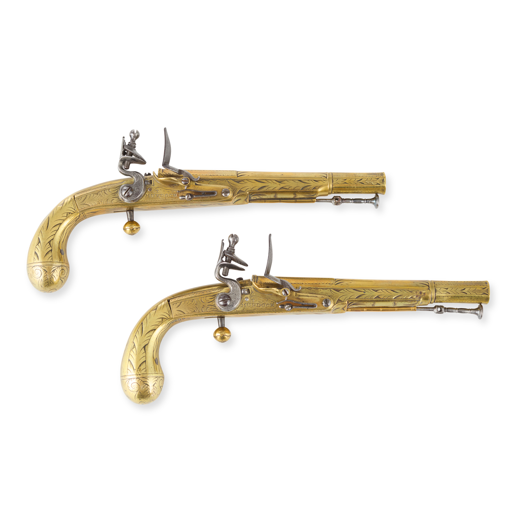 A PAIR OF SCOTTISH LATE 18TH CENTURY BRASS LOBE BUTT FLINTLOCK PISTOLS
