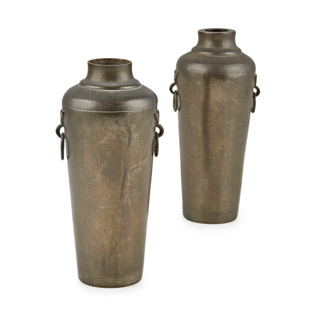 PAIR OF SILVER-INLAID BRONZE VASES