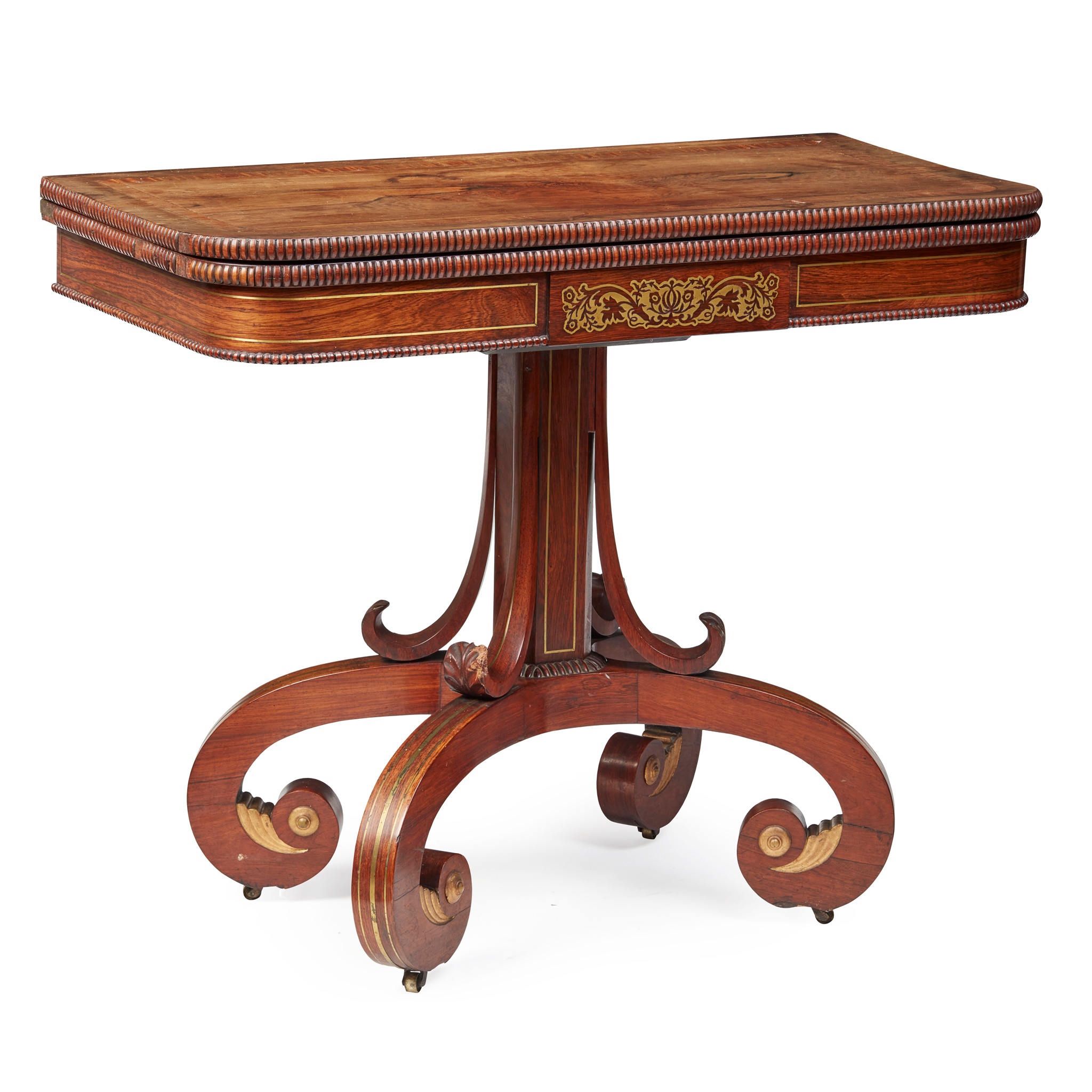 REGENCY ROSEWOOD, GONCALO ALVES, BRASS INLAID AND PARCEL-GILT CARD TABLE