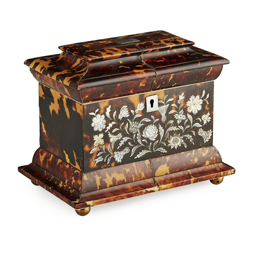 REGENCY TORTOISESHELL AND MOTHER-OF-PEARL INLAID TEA CADDY