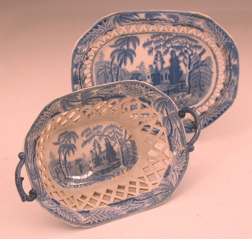 A Davenport blue printed twin handled chesnut dish and stand,
