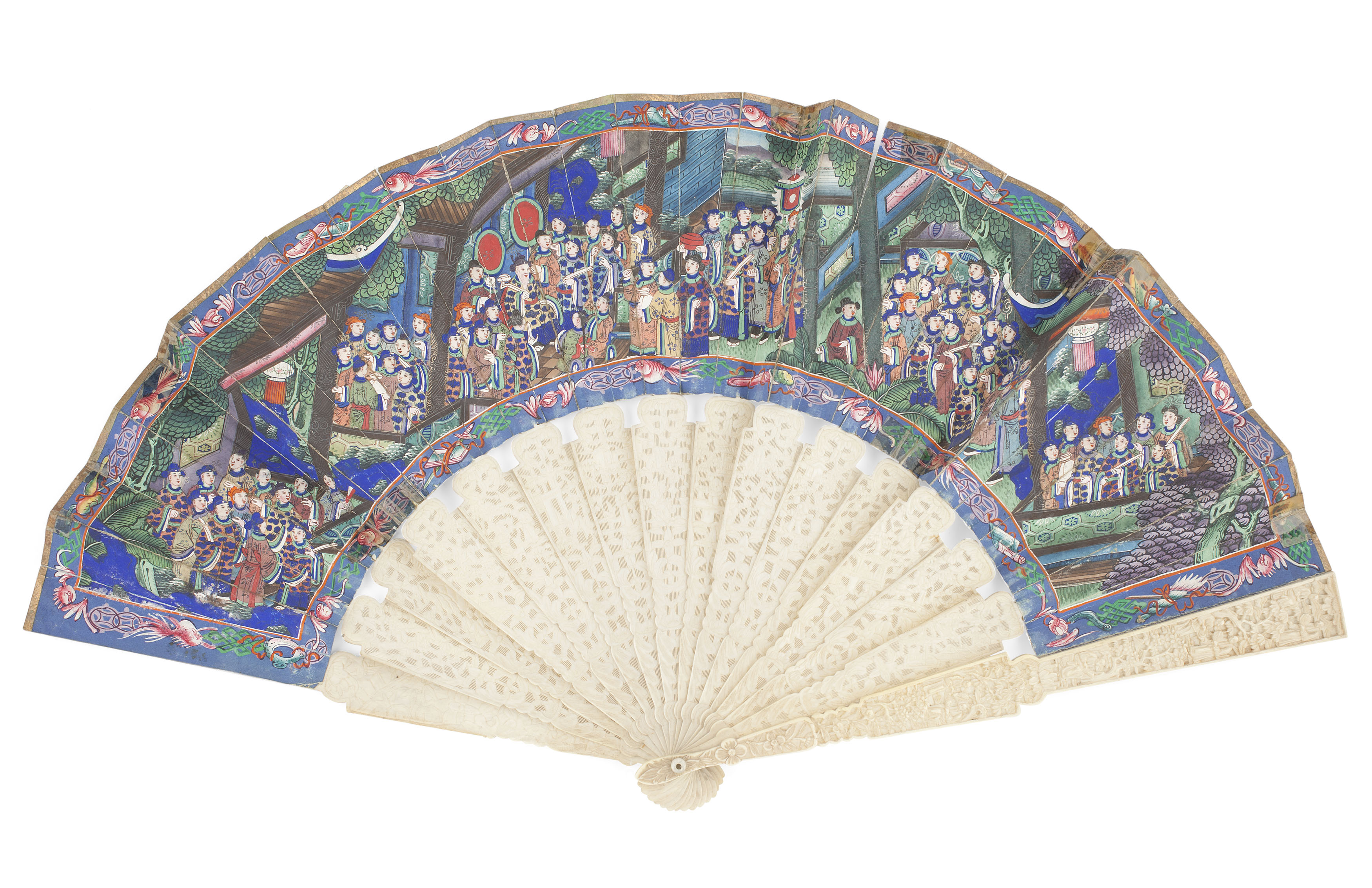 CHINESE CANTON CARVED IVORY AND PAINTED PAPER FAN
