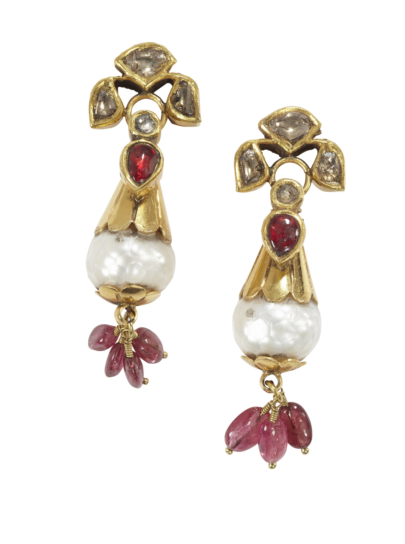 A pair of Indian multi-gem set ear pendants
