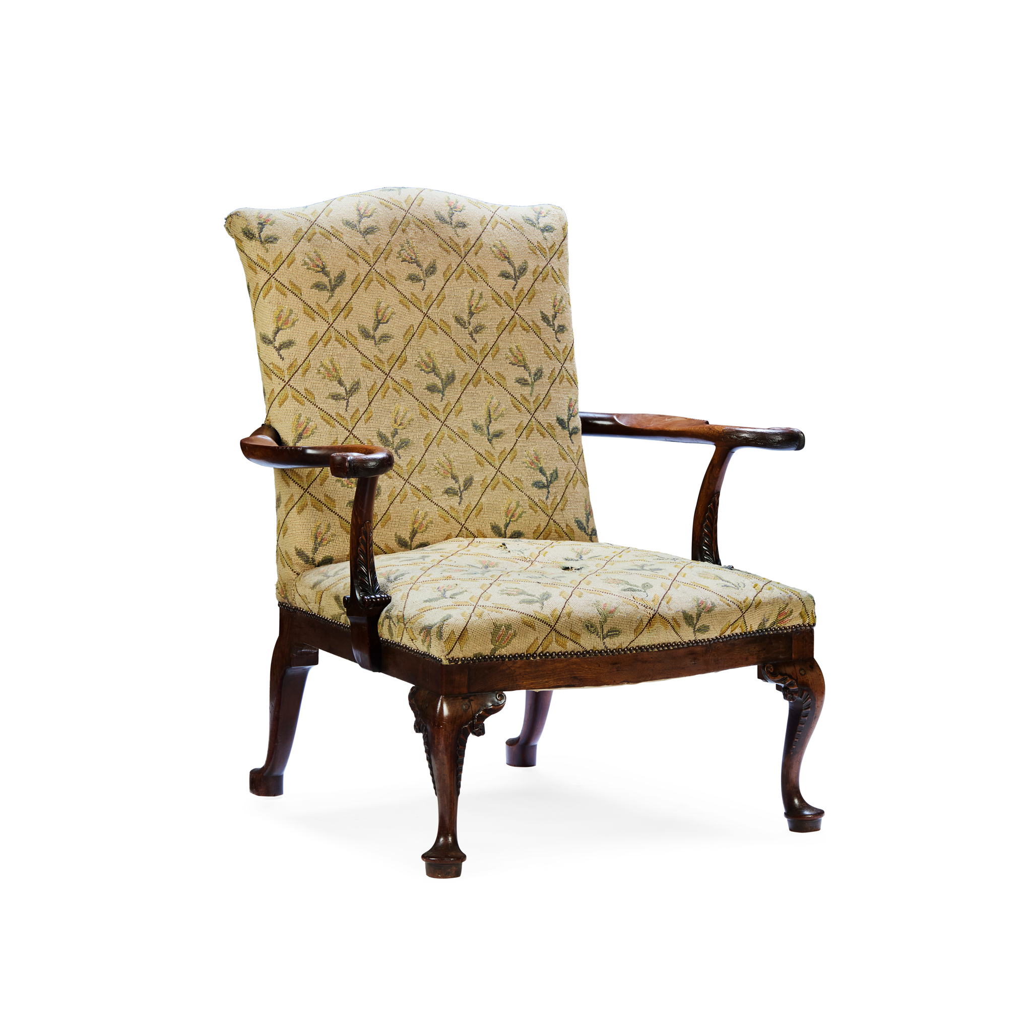 GEORGE II WALNUT OPEN ARMCHAIR