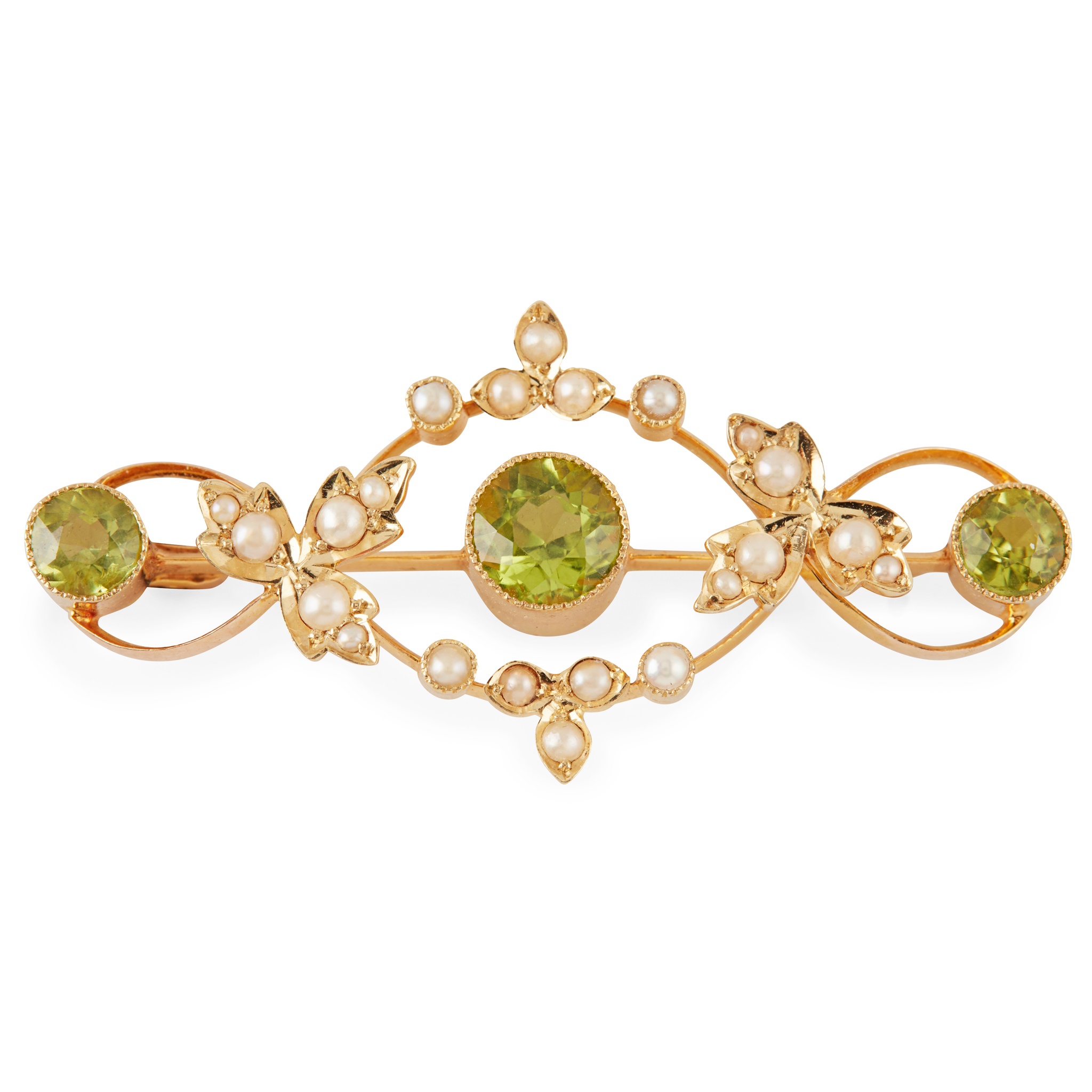 An Edwardian peridot and pearl set brooch